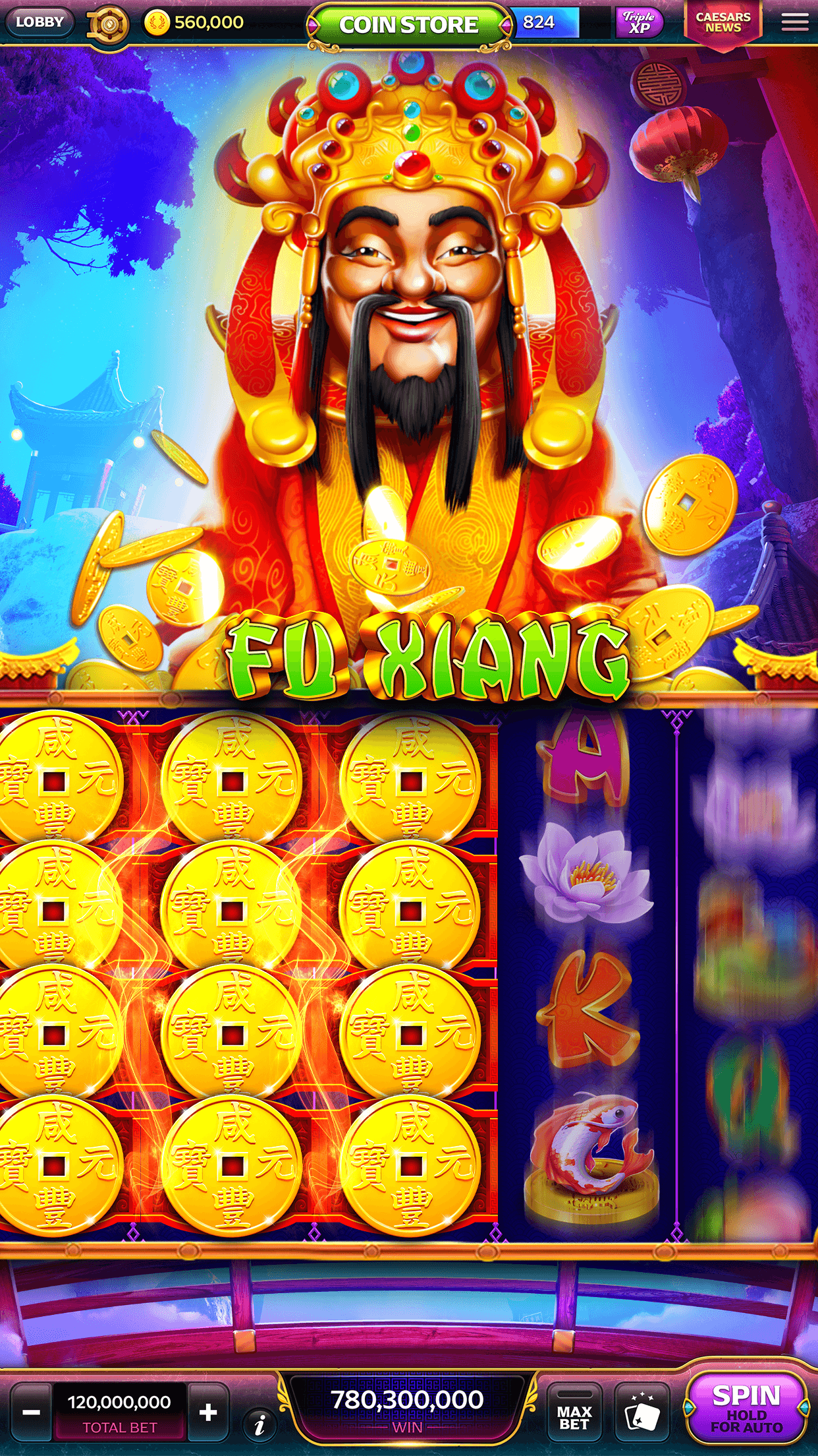 The Fu Xiang slot in Caesars Slots, gold coin symbols filling the reels, with the coin balance and Coin Store button along the top