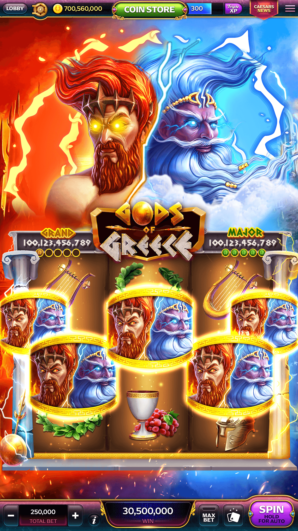 The Gods of Greece slot in Caesars Slots with Grand and Major jackpot totals above the reels