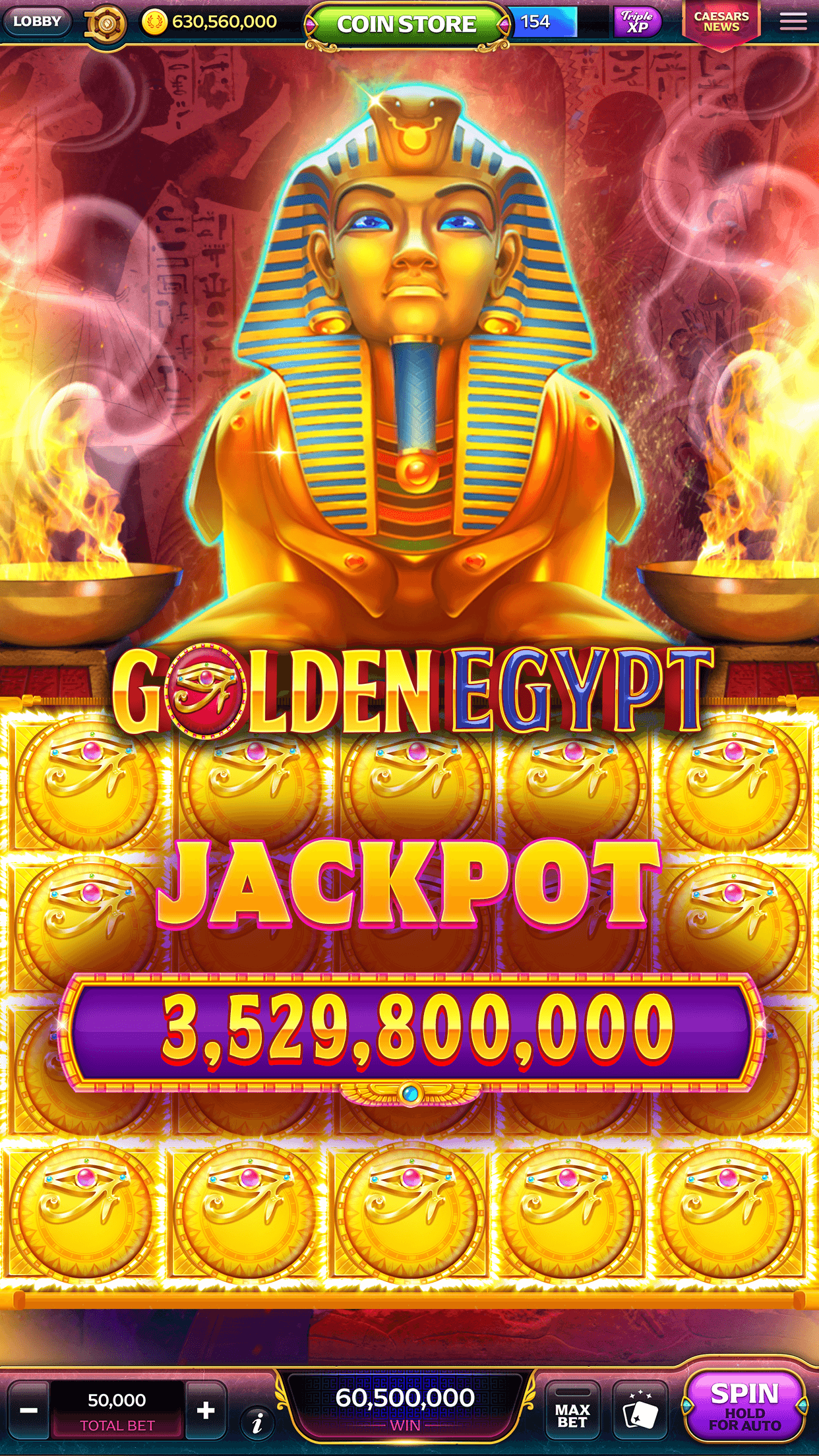 The Golden Egypt slot in Caesars Slots showing a jackpot of 3,529,800,000 coins, with the lobby and coin store buttons along the top