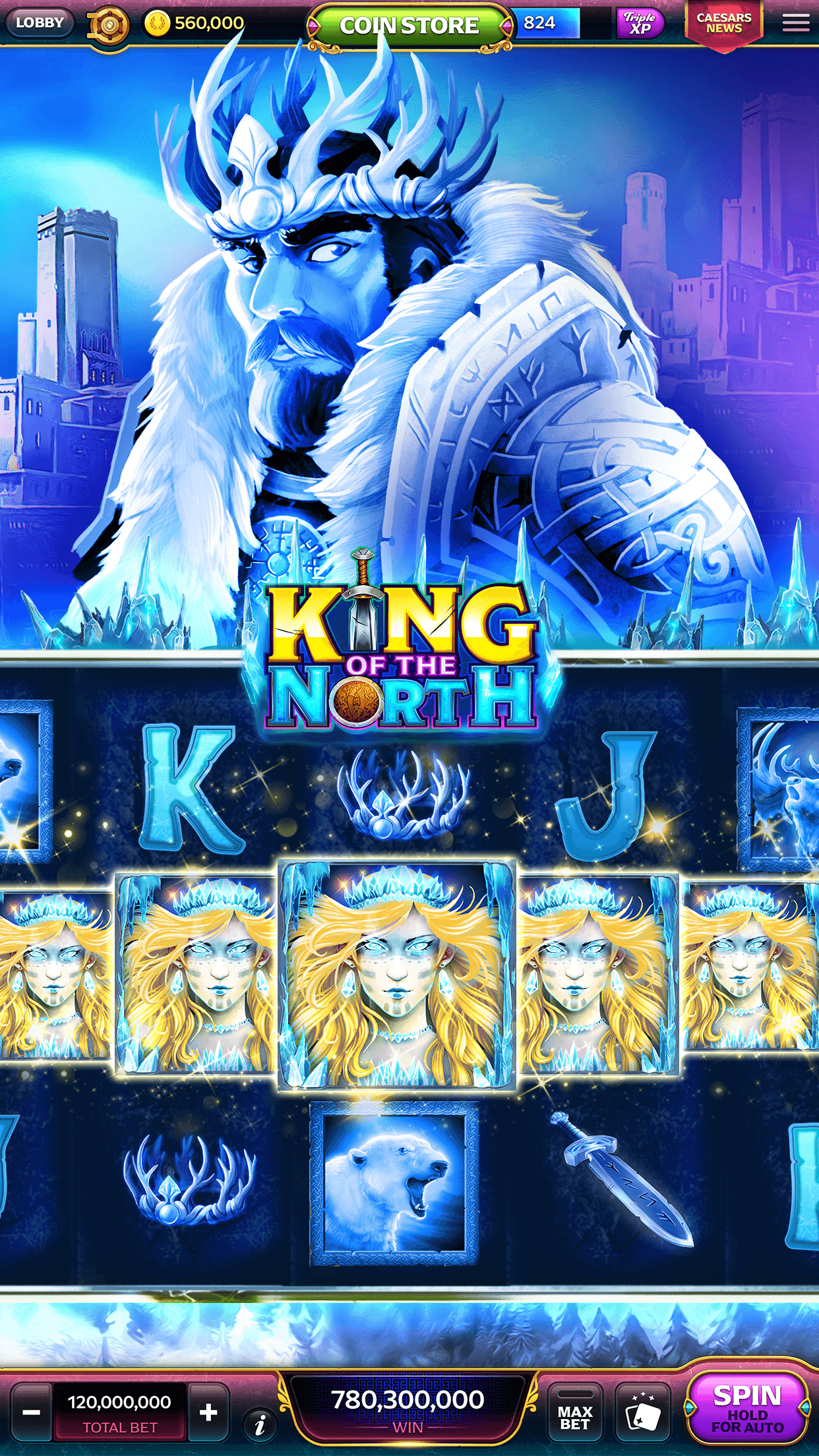 The King of the North slot in Caesars Slots, the ice king above the reels, with the coin balance, Coin Store button, level bar and a Triple XP badge along the top