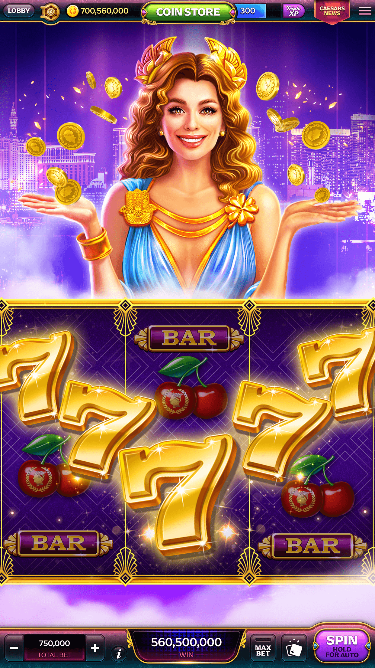 A classic-style Caesars Slots machine with gold 7s, cherries and BAR symbols on the reels, and a total bet of 750,000 at the bottom left