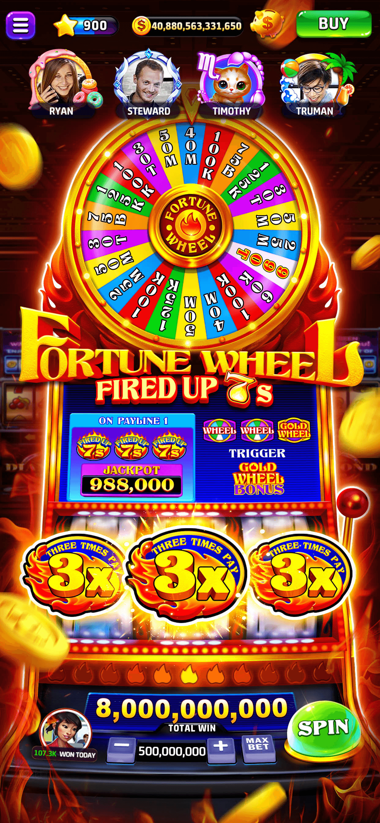 The Fortune Wheel machine in Cash Club Casino, pairing a prize wheel with three-times-pay reels below it