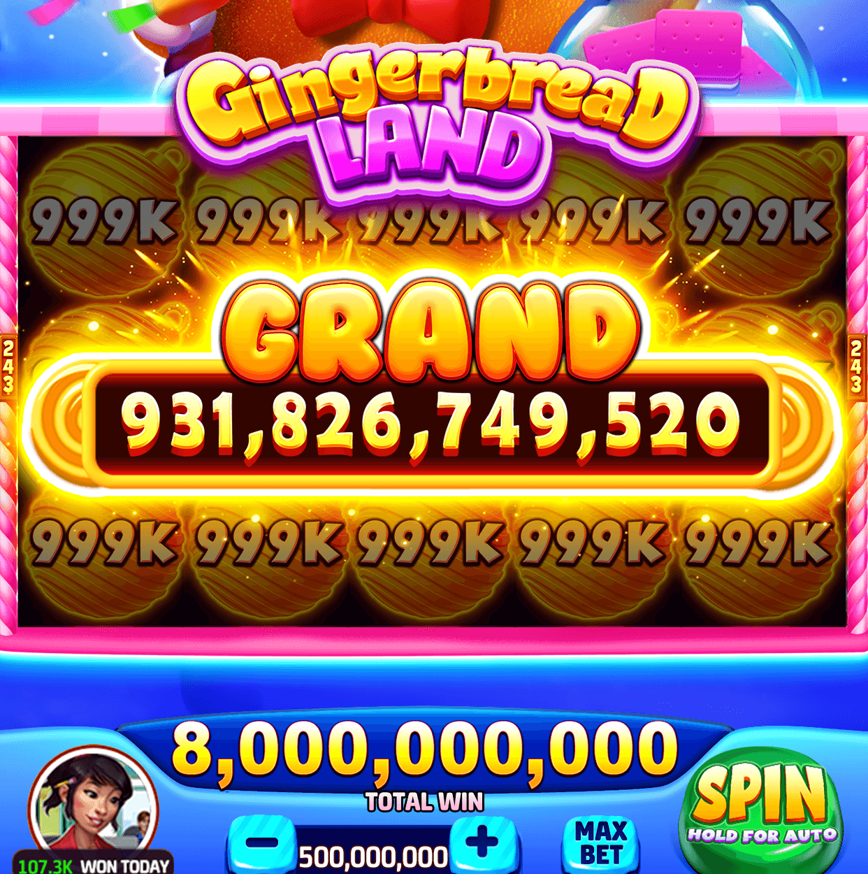 The Gingerbread Land slot in Cash Club Casino showing a Grand win of 931,826,749,520 across the reels, above a bar with a total win of 8,000,000,000, a bet of 500,000,000 between minus and plus buttons, Max Bet and Spin