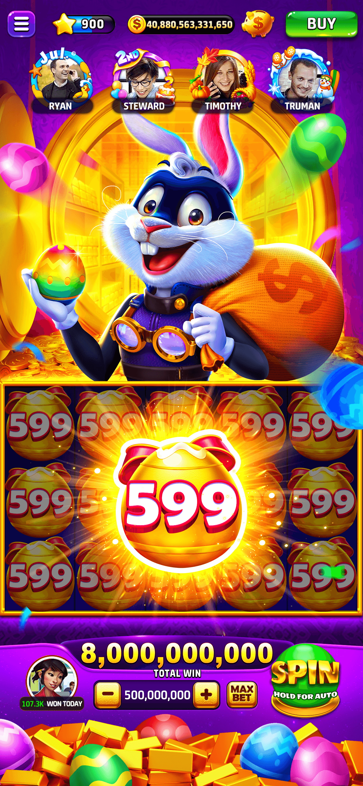 A Cash Club Casino machine with a row of friends along the top and held symbols worth 599 across the reels