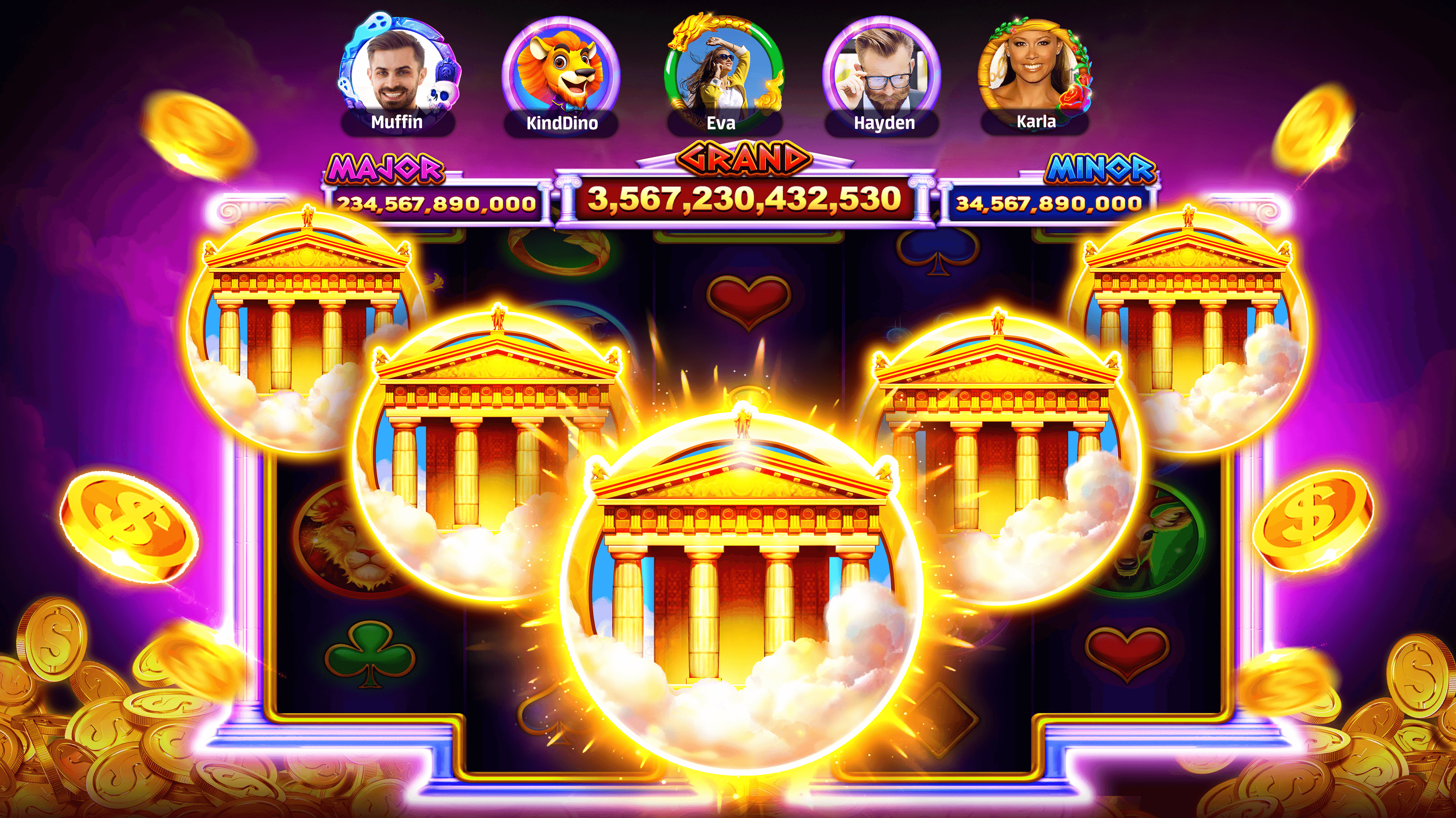 A Cash Club Casino machine with golden temple symbols filling the reels under three jackpots, Major 234,567,890,000, Grand 3,567,230,432,530 and Minor 34,567,890,000, with five players' avatars along the top