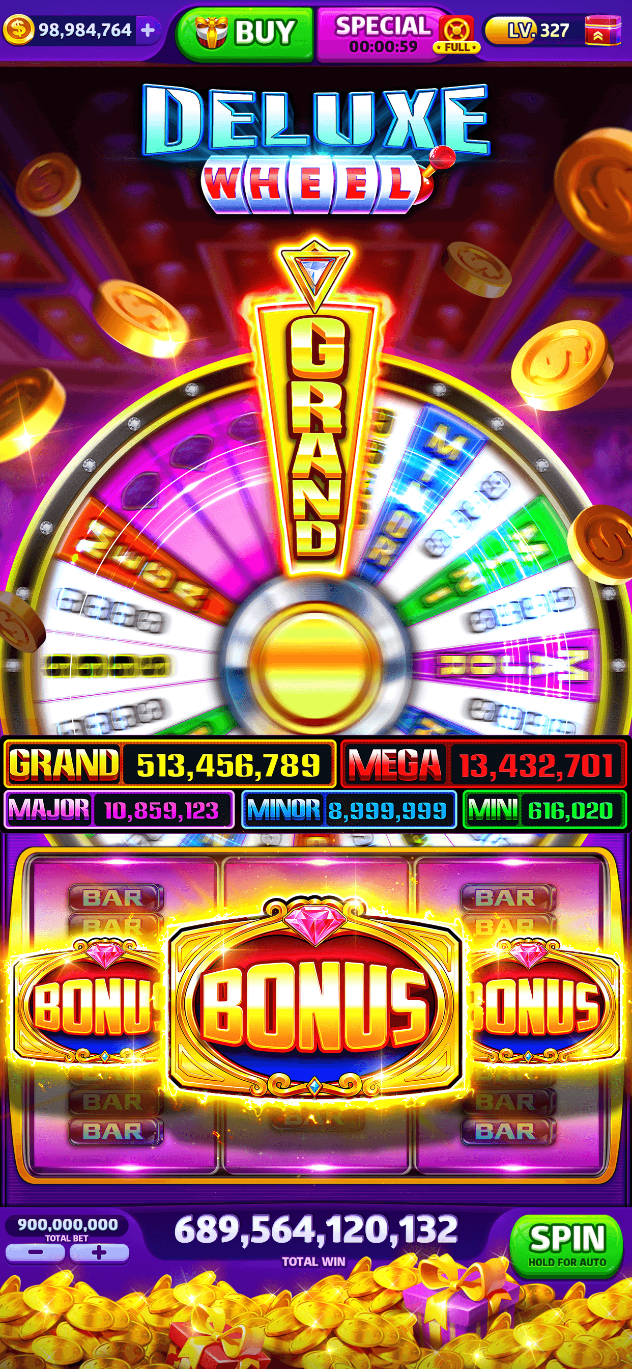 The Deluxe Wheel bonus in Cash Frenzy Casino with Grand, Mega, Major, Minor and Mini totals listed below it