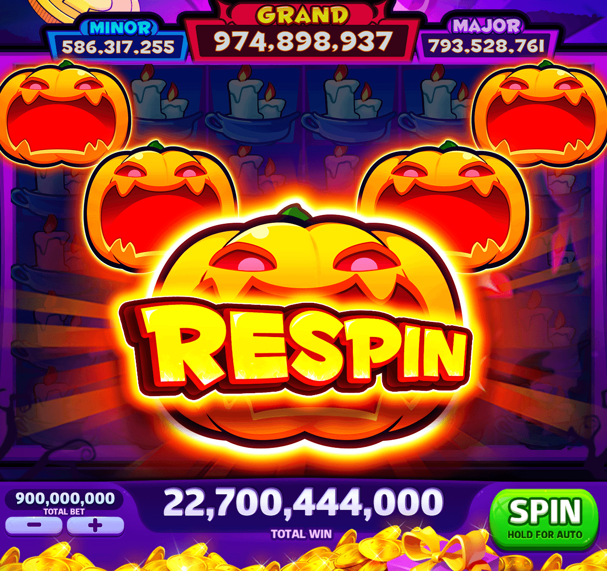 A Halloween-themed Cash Frenzy Casino machine with glowing jack-o'-lanterns and a large RESPIN pumpkin on the reels, Minor, Grand and Major jackpots above them, and a total bet of 900,000,000, a total win of 22,700,444,000 and the Spin button along the bottom