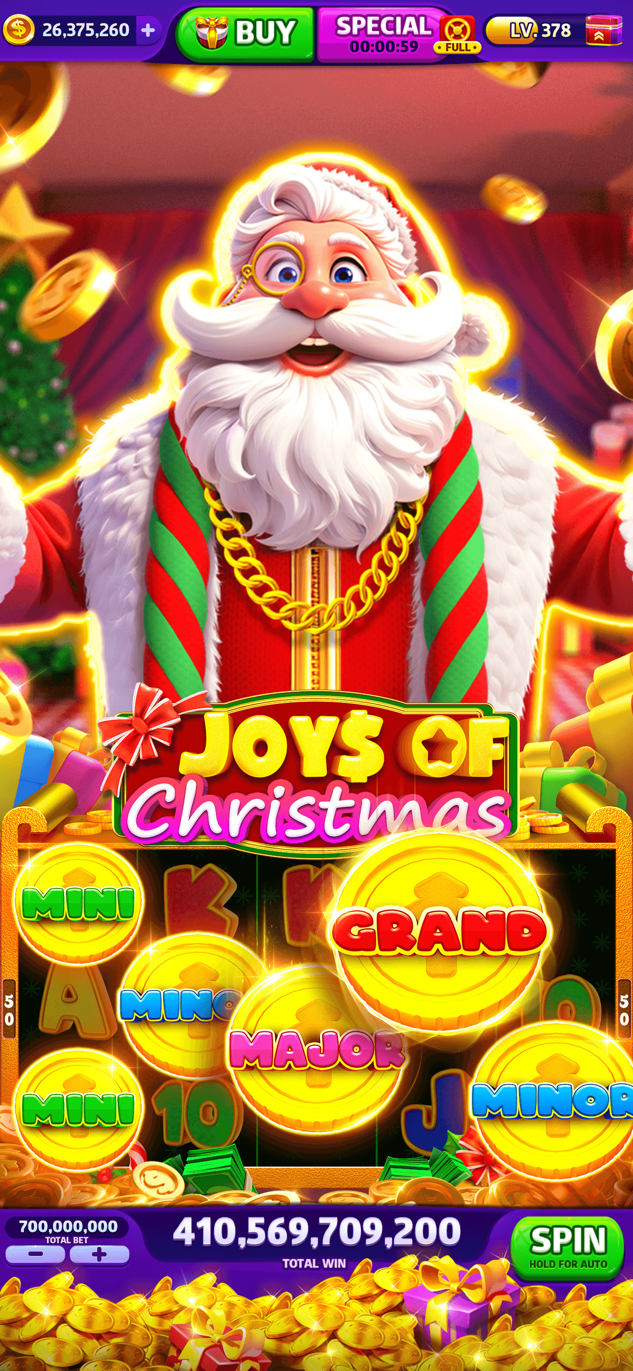 A Cash Frenzy Casino machine with Mini, Minor, Major and Grand orbs held across the reels