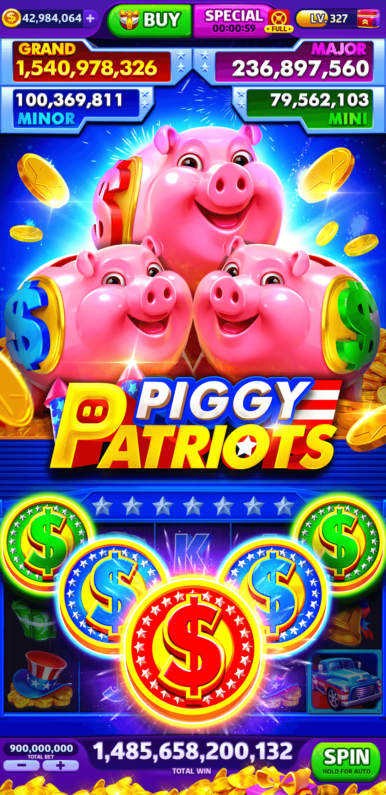 The Piggy Patriots slot in Cash Frenzy Casino, three pink piggy banks above reels of red, white and blue dollar coins, with Grand, Major, Minor and Mini jackpots at the top and a total win of 1,485,658,200,132 at the bottom
