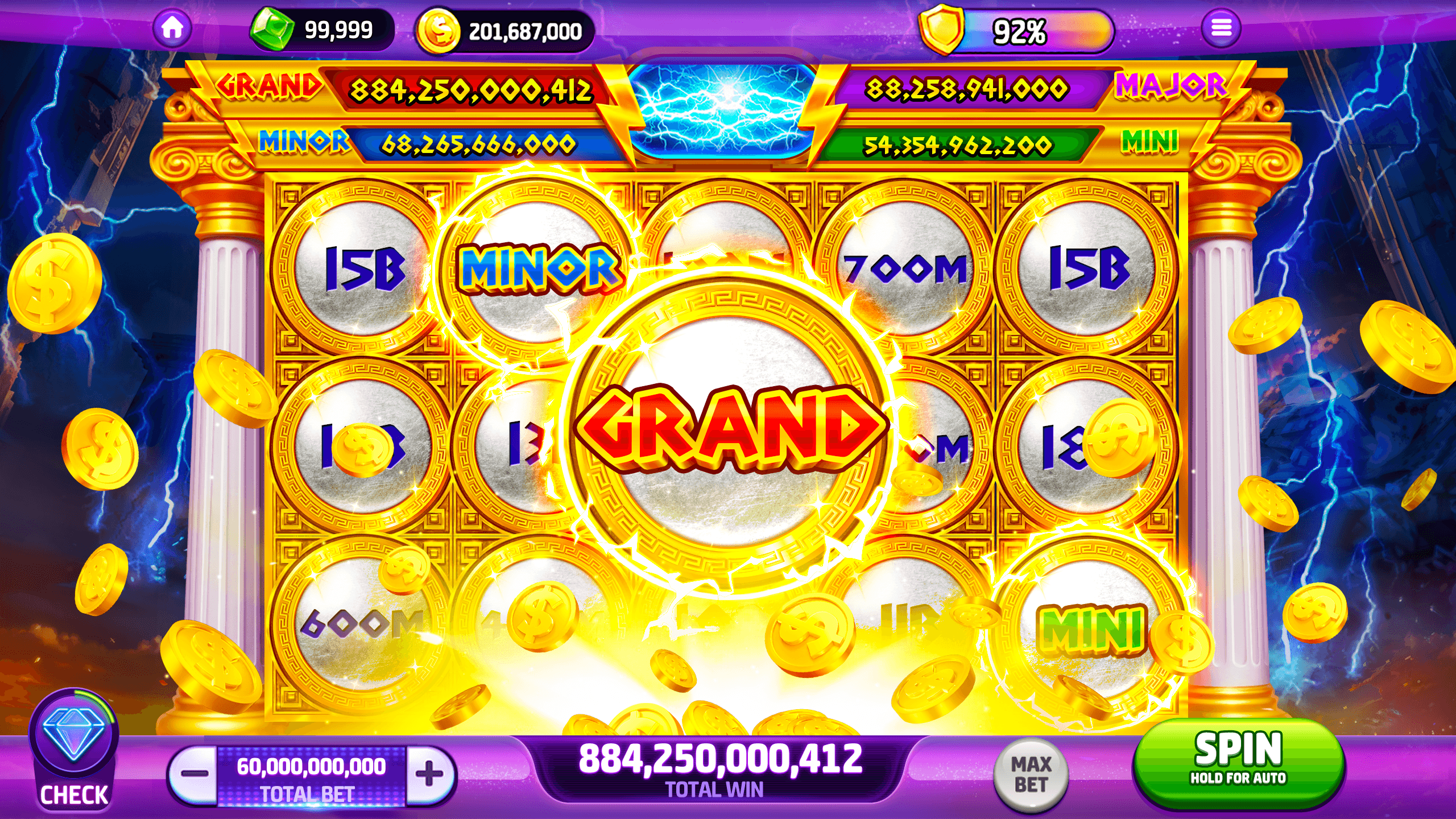 A Cash Tornado Slots machine with a Grand coin at the centre of the reels among coins marked Minor, Mini, 15B and 700M, the Grand, Major, Minor and Mini jackpots across the top, and a total win of 884,250,000,412 at the bottom