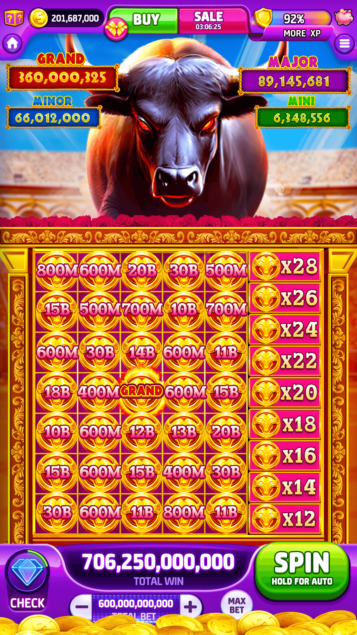 A Cash Tornado Slots bonus grid of coin values beside a multiplier ladder running from x12 to x28
