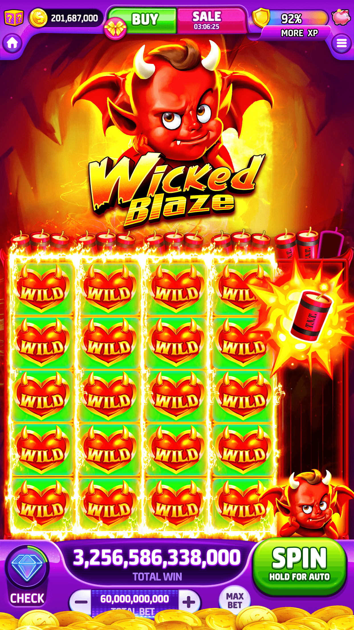 The Wicked Blaze machine in Cash Tornado Slots with wild symbols filling every reel