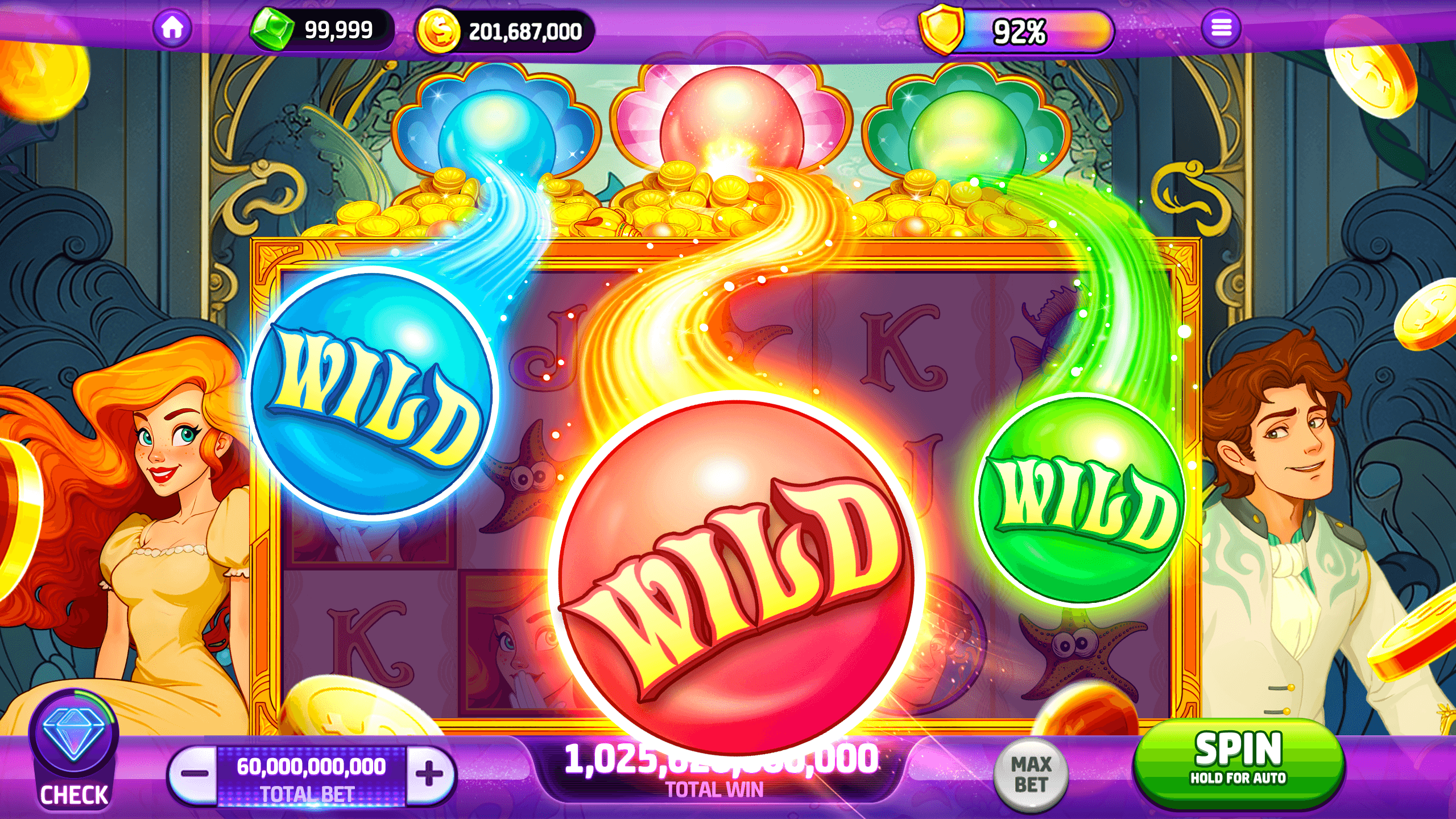 A Cash Tornado Slots machine with three glowing wild orbs sweeping across the reels between two character portraits, the gem and coin balances along the top and a total bet of 60,000,000,000 between minus and plus buttons at the bottom left