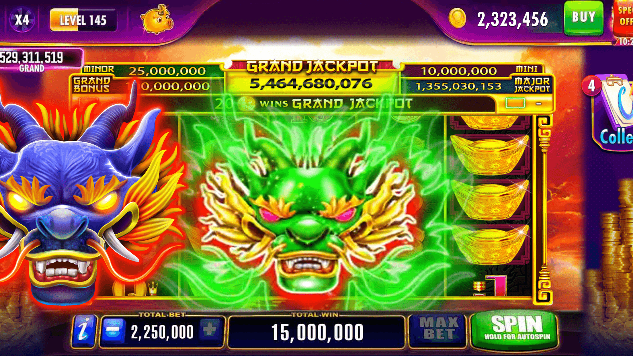 The Boom Dragons slot in Cashman Casino, a blue dragon and a glowing green dragon across the reels under a Grand Jackpot of 5,464,680,076, with the Minor, Mini and Major jackpots either side and a total bet of 2,250,000 at the bottom