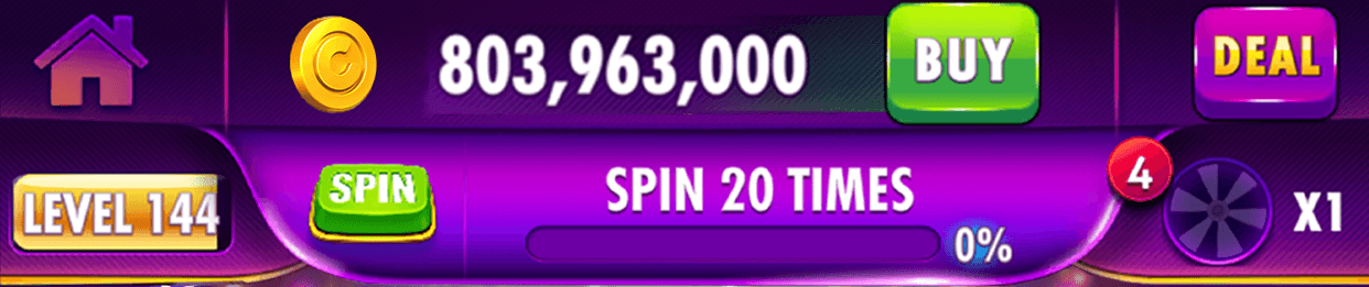 The top of a Cashman Casino machine: the coin balance of 803,963,000 with Buy and Deal buttons, and below it Level 144 beside a mission bar reading Spin 20 Times at 0% progress