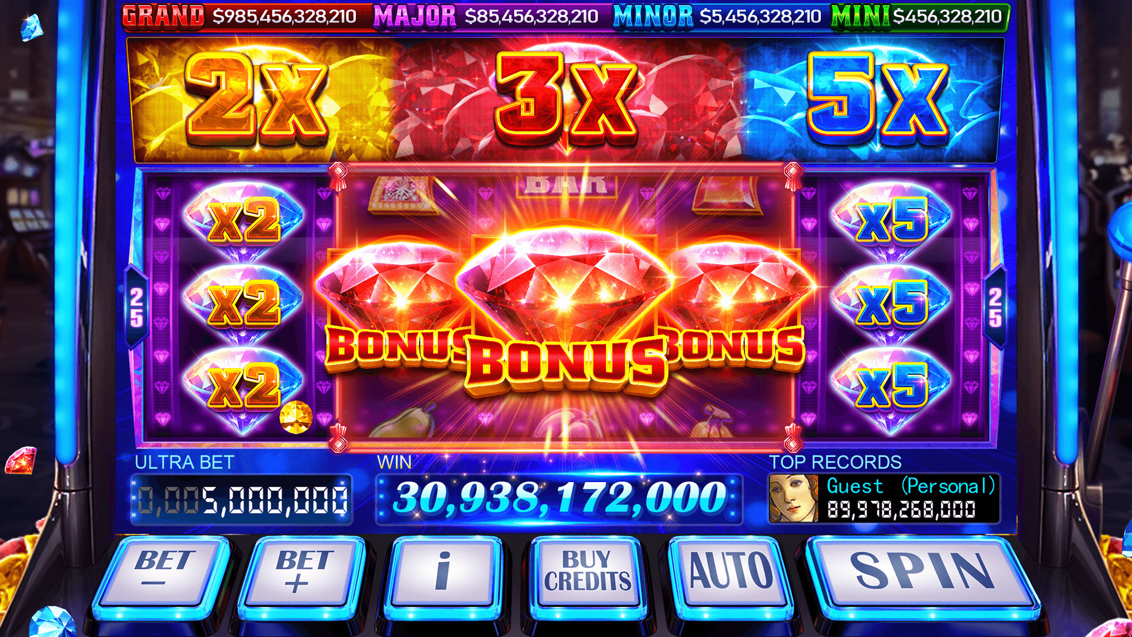 A Classic Slots machine with a Bonus symbol on each of its three reels under 2X, 3X and 5X multiplier panels, with Grand, Major, Minor and Mini jackpot totals along the top