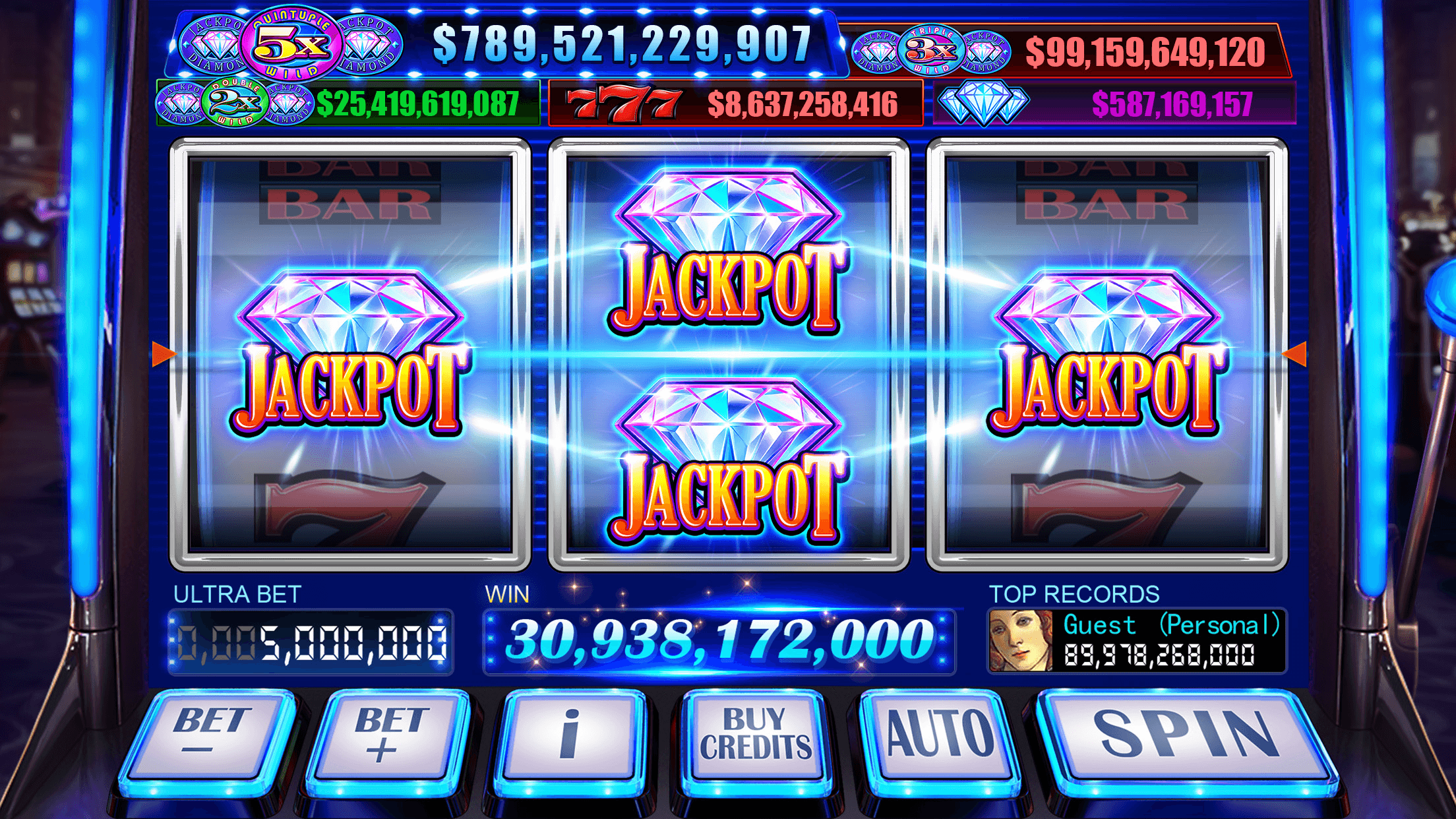 A three-reel Classic Slots machine with a diamond Jackpot symbol on each reel, jackpot totals along the top, and an Ultra Bet of 5,000,000 with Bet minus and Bet plus buttons in the console below