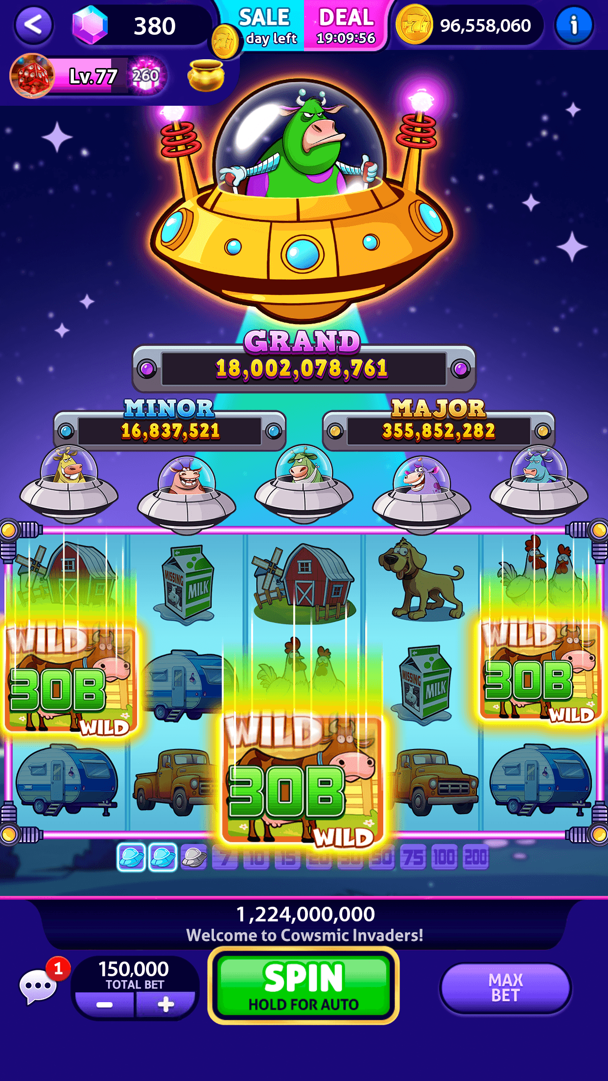 The Cowsmic Invaders machine in Club Vegas Slots with a Grand total of 18,002,078,761 above the reels