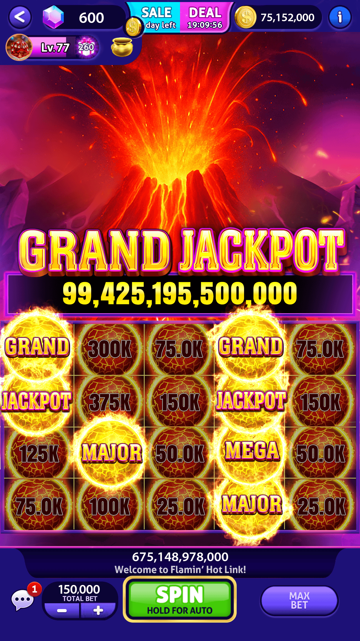 The Flamin Hot Link machine in Club Vegas Slots showing a grand jackpot of 99,425,195,500,000 above a grid of held coin values