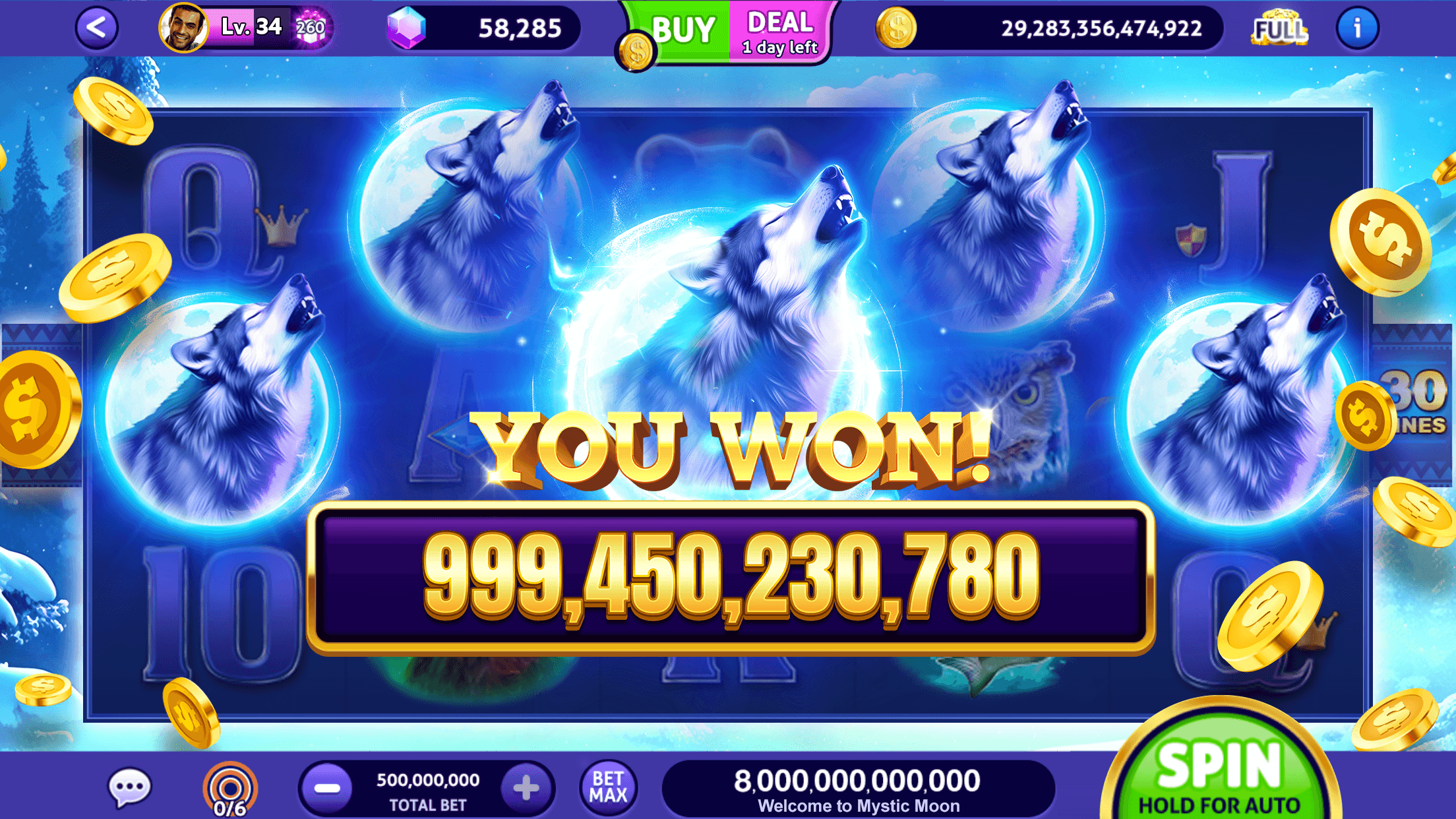 The Mystic Moon slot in Club Vegas Slots, howling wolves on the reels behind a YOU WON! banner reading 999,450,230,780, with the level, gem and coin balances along the top and the bet and Spin button along the bottom