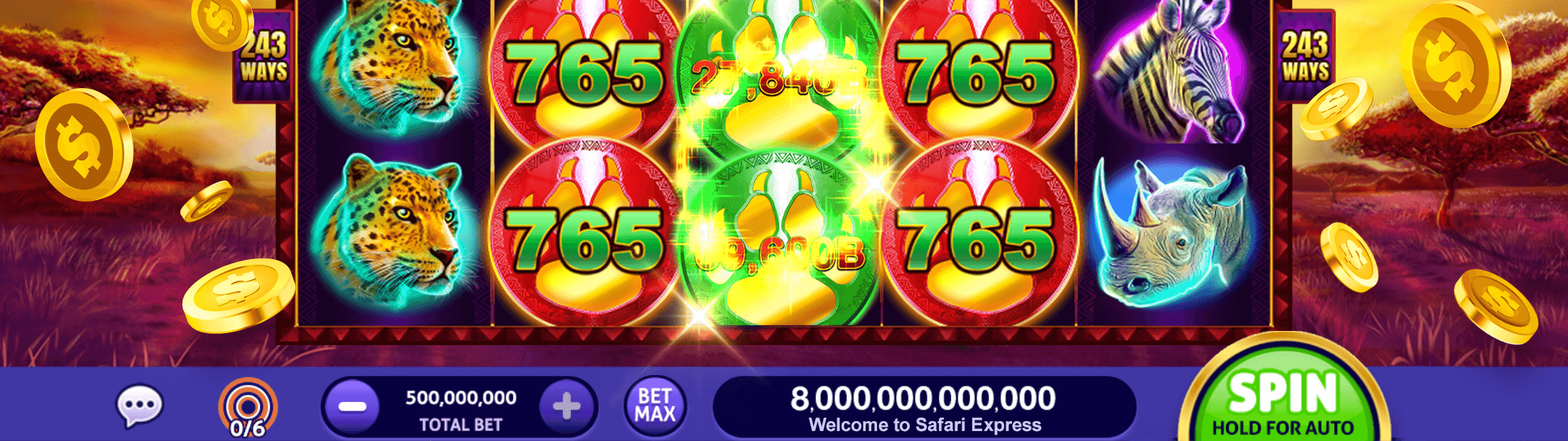 The Safari Express slot in Club Vegas Slots, leopard, zebra and rhino symbols around red and green paw coins marked 765, above a bar with a total bet of 500,000,000 between minus and plus buttons, Bet Max and Spin