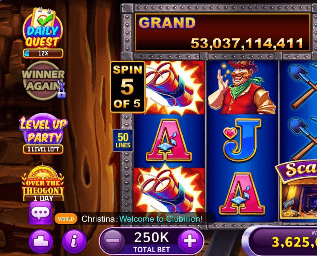 The left side of a Clubillion slot, a column showing Daily Quest at 12%, Winner Again, Level Up Party with 1 level left and Over the Theogony with 1 day to run, beside reels with a Spin 5 of 5 counter and a Grand jackpot of 53,037,114,411