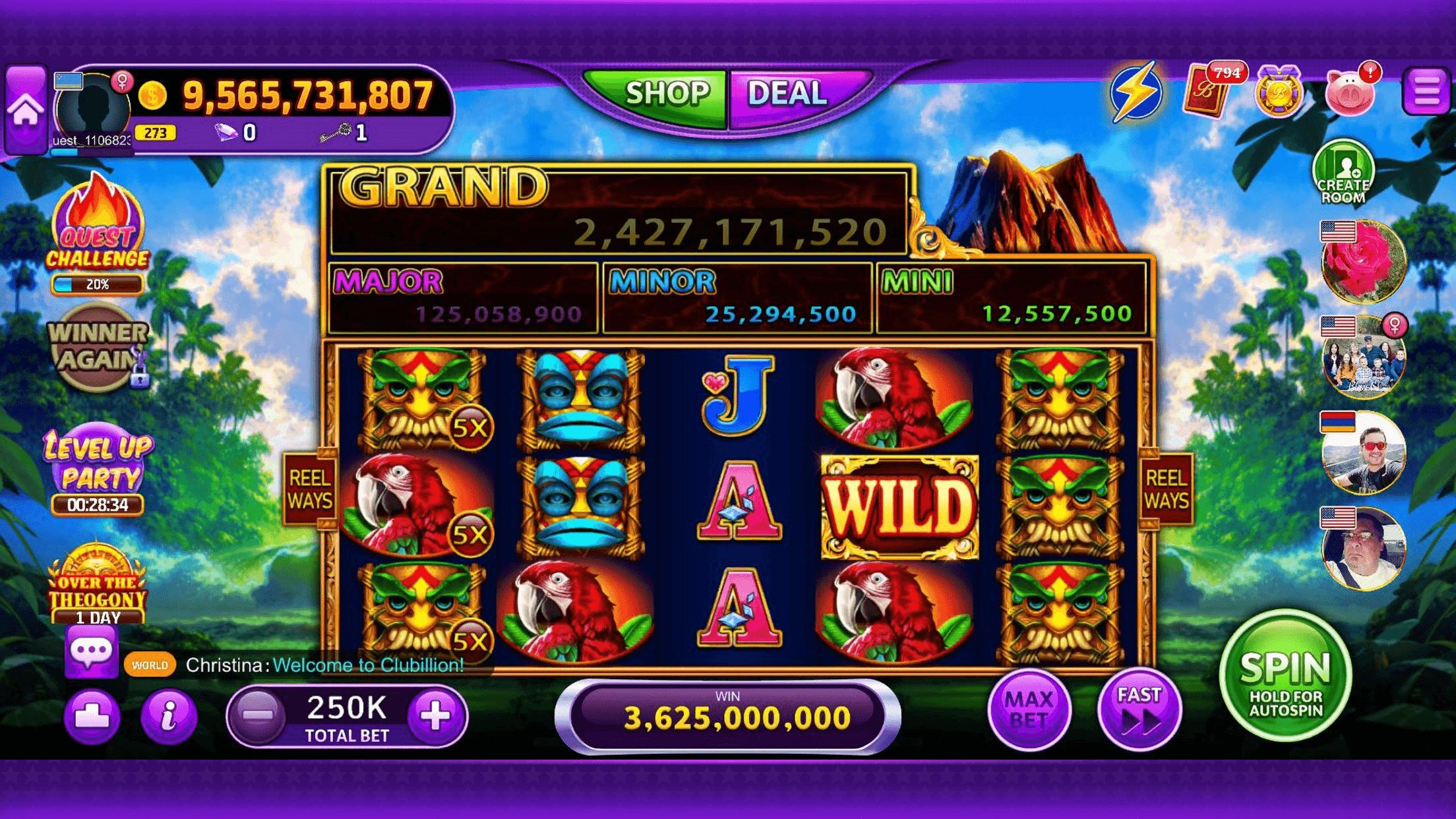 A jungle-themed Clubillion slot with parrots, tiki masks and a wild on the reels, under a Grand jackpot of 2,427,171,520 and Major, Minor and Mini jackpots, with the coin balance of 9,565,731,807 at the top left