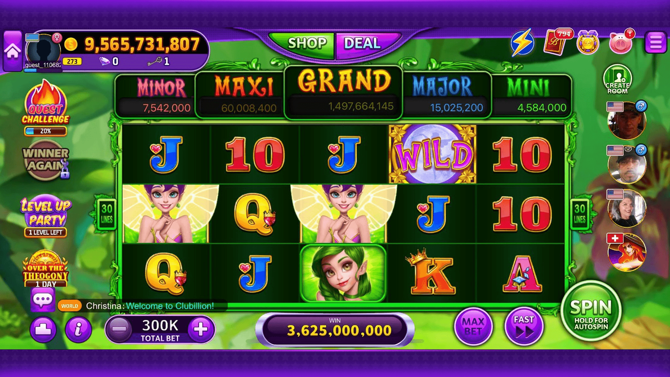 A Clubillion slot showing Minor, Maxi, Grand, Major and Mini jackpot totals across the top of the screen