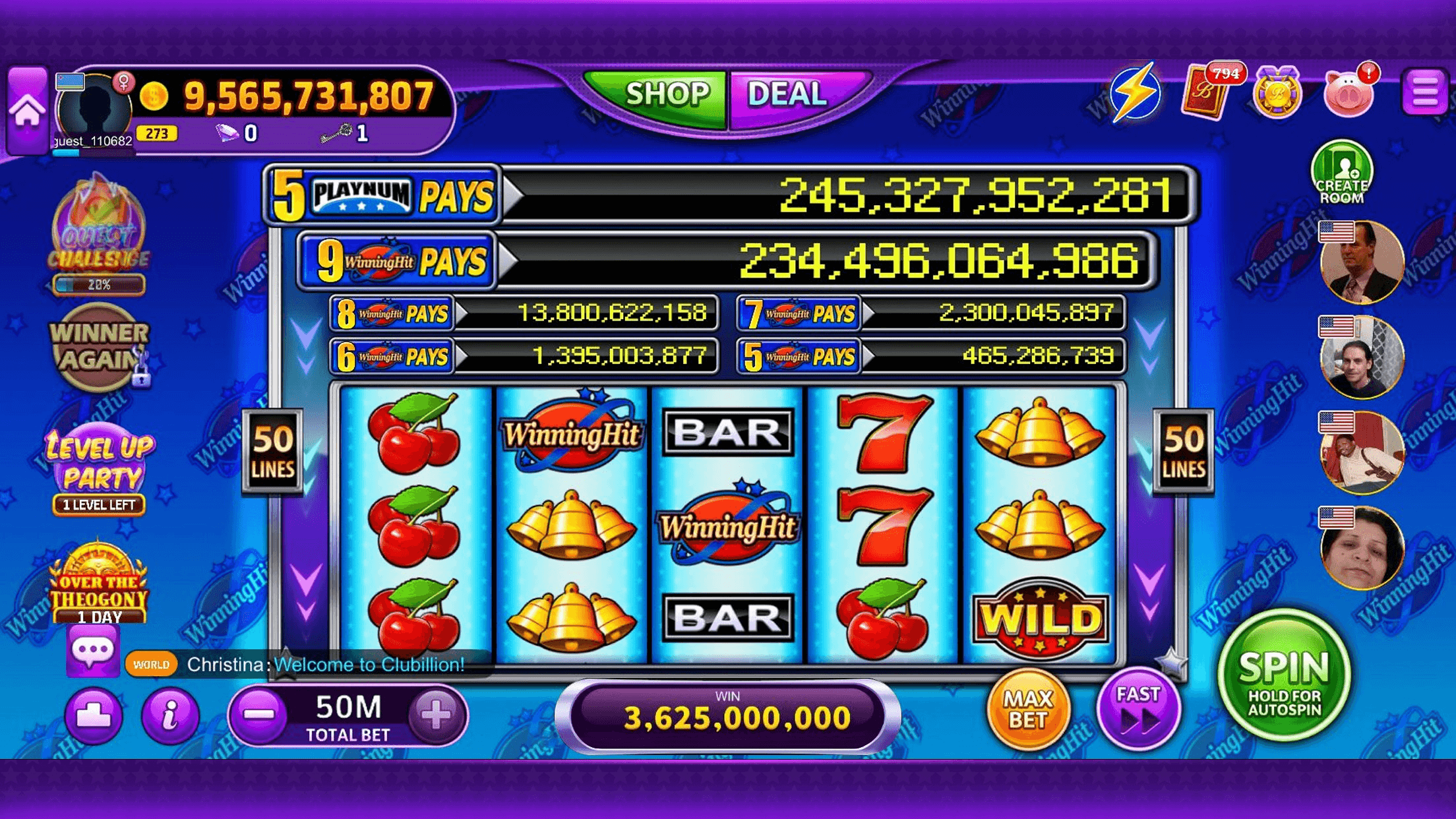 A Clubillion slot machine showing a pays ladder beside the reels, a 50M total bet and other players as avatars down the right