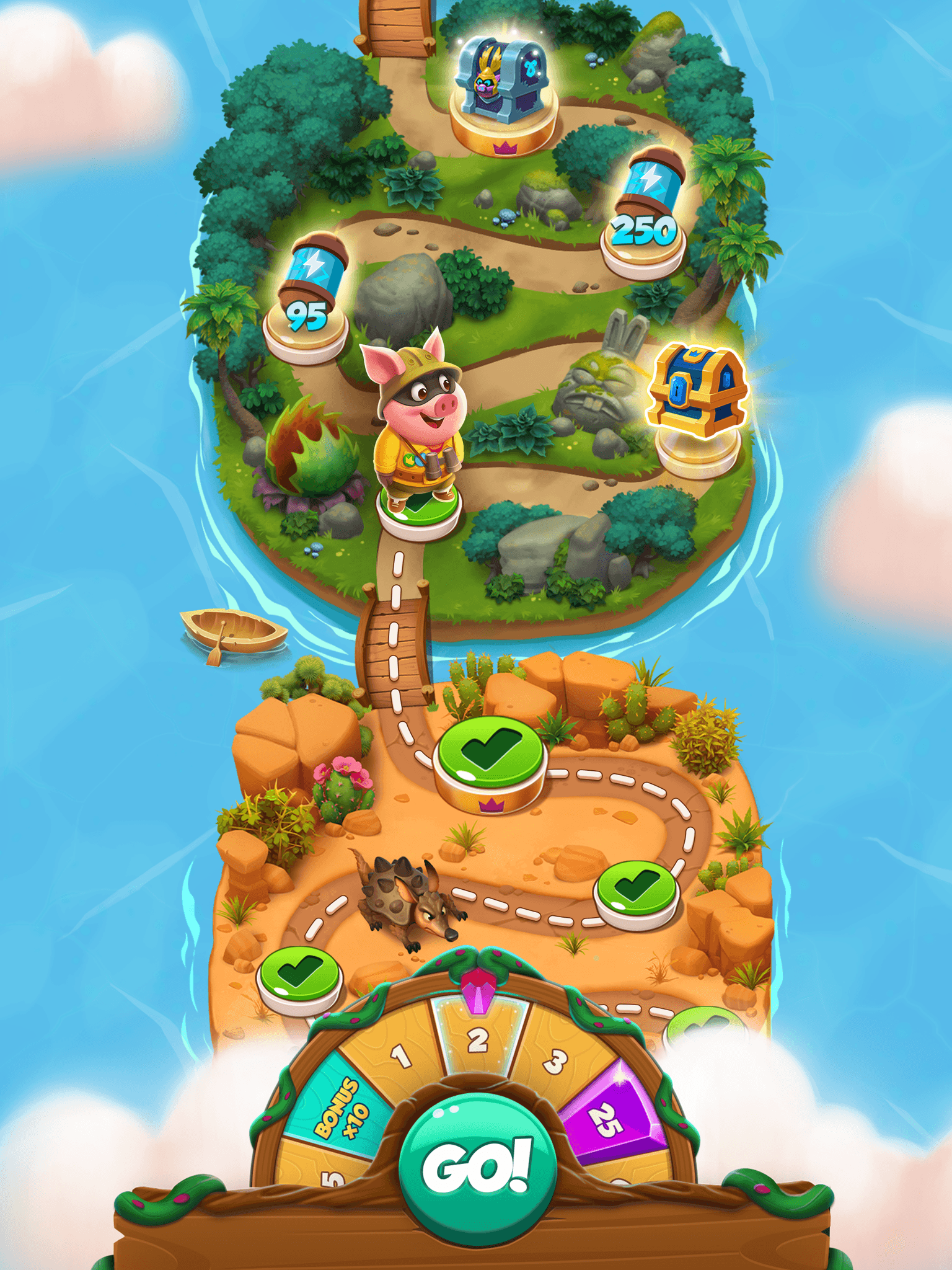 A Coin Master event board with the pig walking a jungle path past chests and spin rewards marked 95 and 250, and a numbered wheel with a GO! button at the bottom