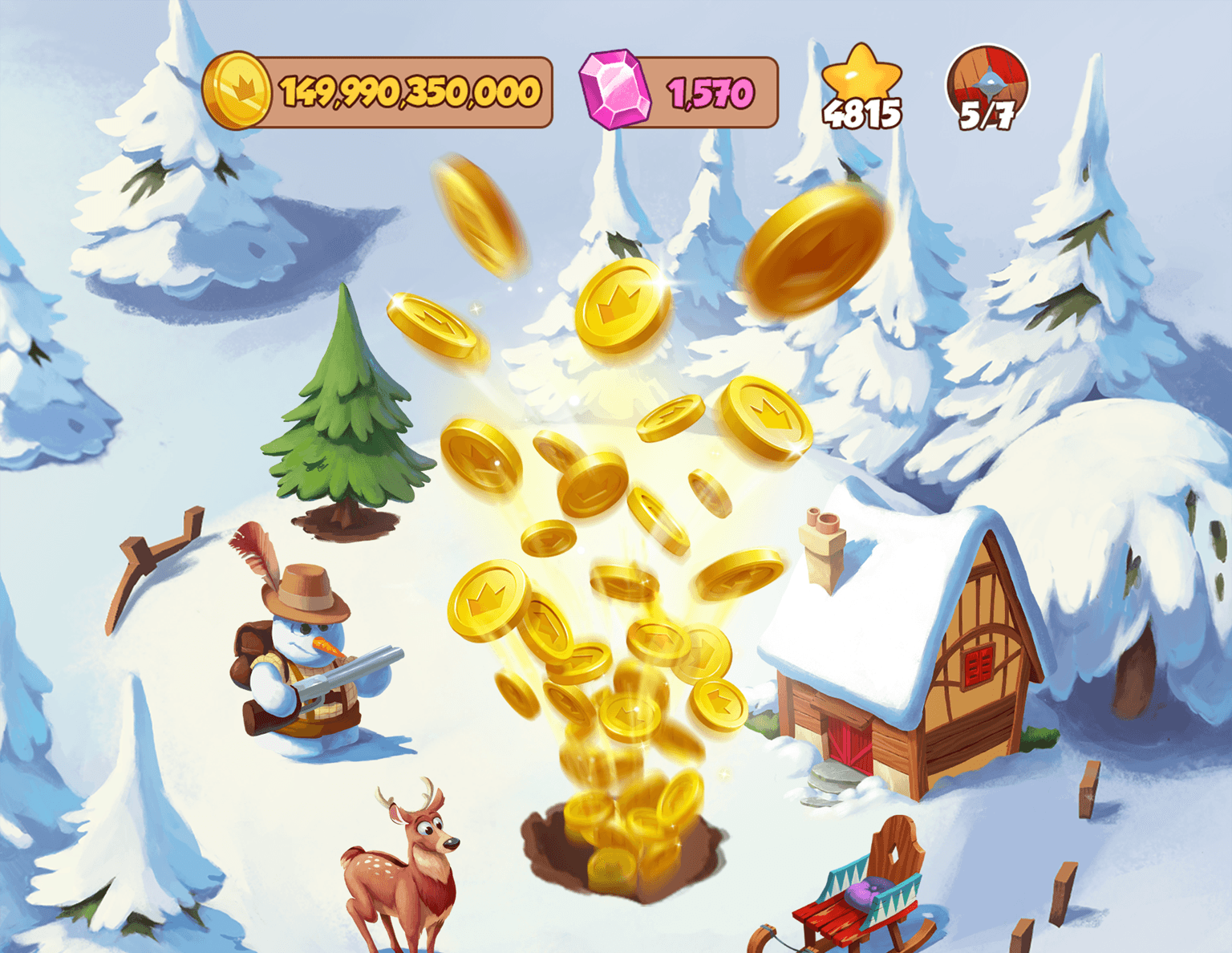 A raid on a snowy Coin Master village, gold coins bursting out of a freshly dug hole, with the coin balance along the top of the screen