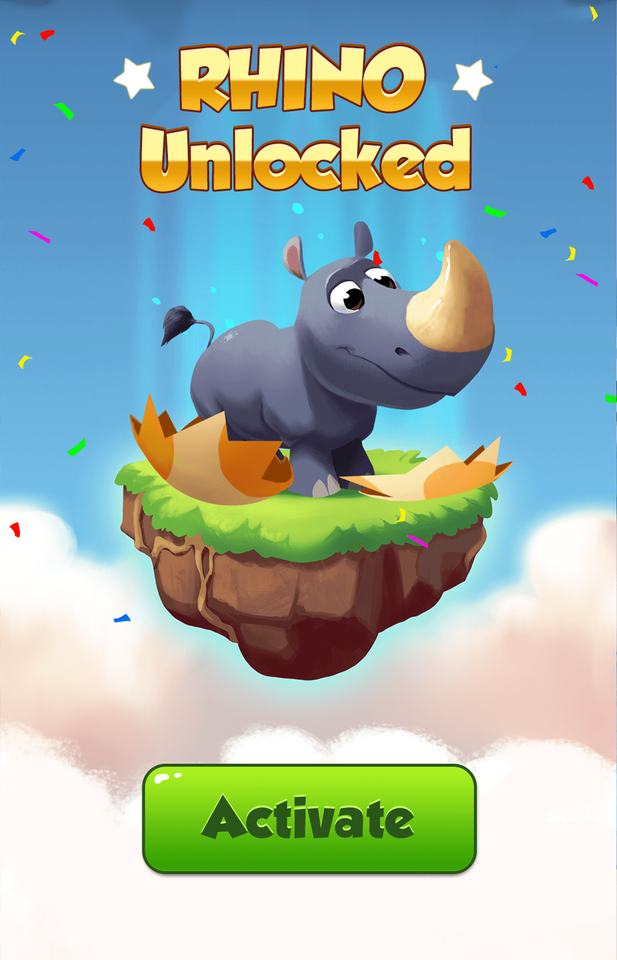 The Coin Master screen for unlocking the Rhino pet, the rhino standing on a floating island above a green Activate button