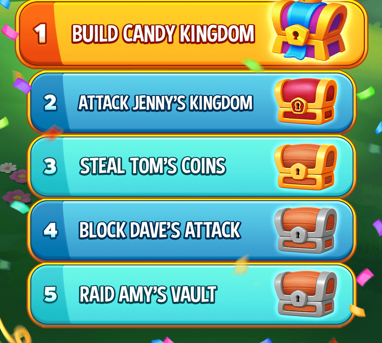 A ranked list from Dice Dreams store art: 1 Build Candy Kingdom, 2 Attack Jenny's Kingdom, 3 Steal Tom's Coins, 4 Block Dave's Attack and 5 Raid Amy's Vault, each with a treasure chest beside it