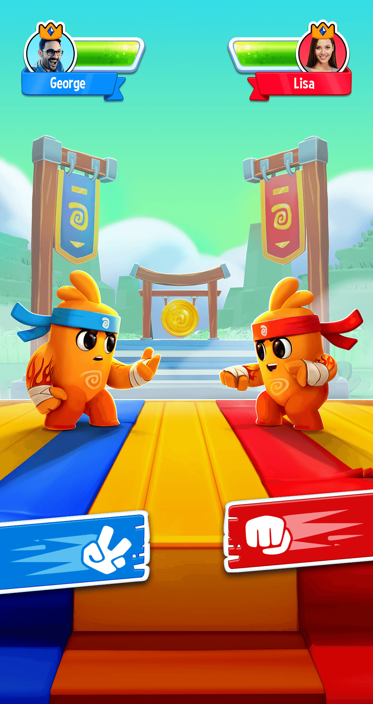 A head-to-head Dice Dreams fight between two players with health bars above each of them