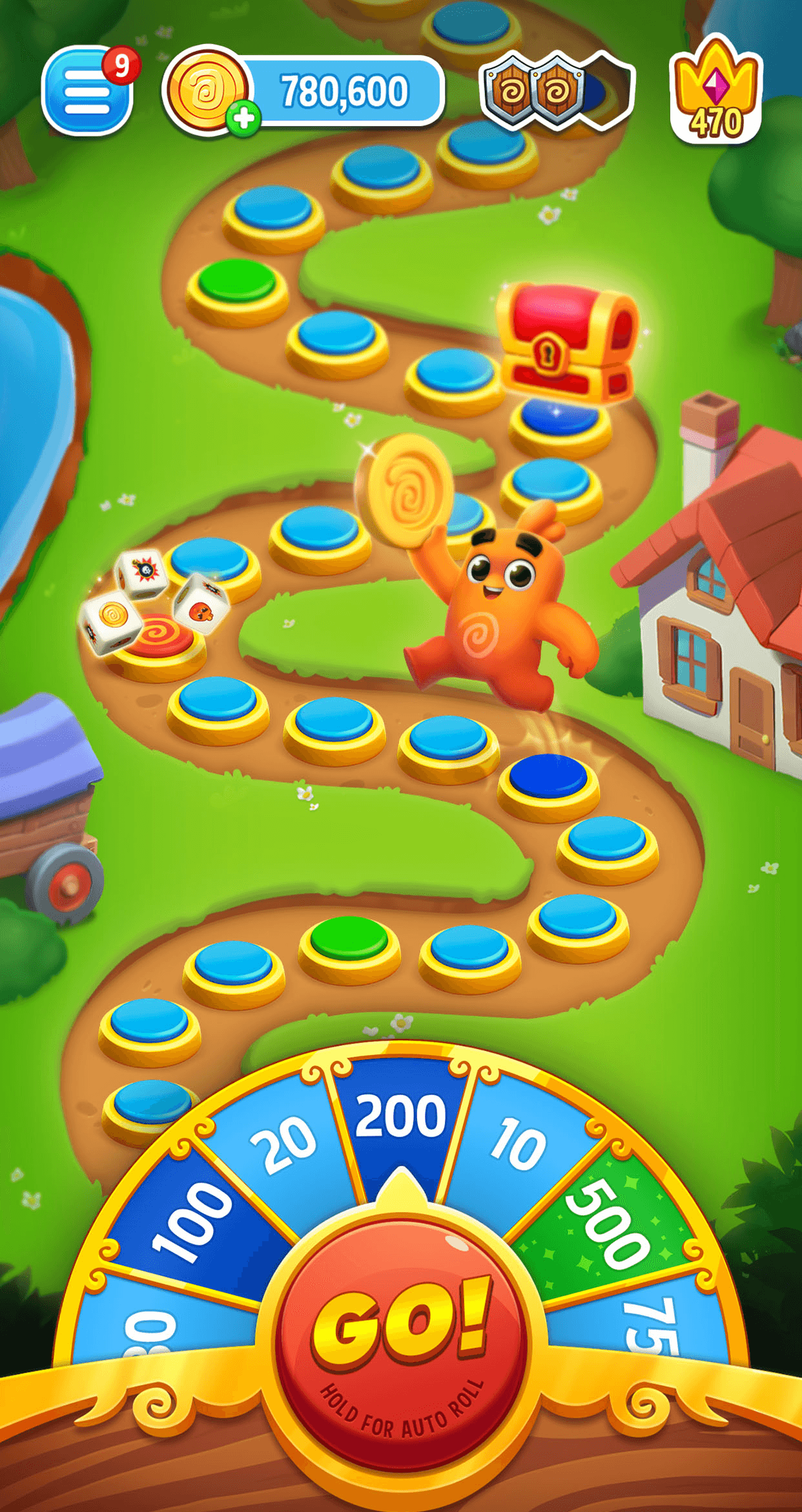 The Dice Dreams board path beside a spin wheel marked with coin values and a GO button