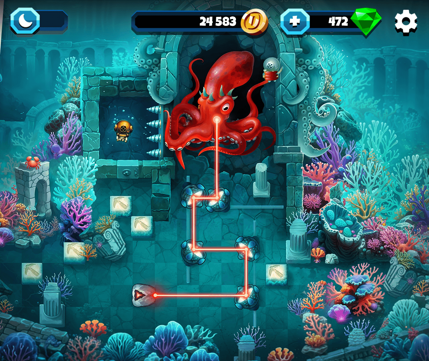 An underwater Diggy's Adventure mine, a red beam zig-zagging between stone blocks and coral toward a giant red octopus in a temple doorway, with the coin and gem counts along the top