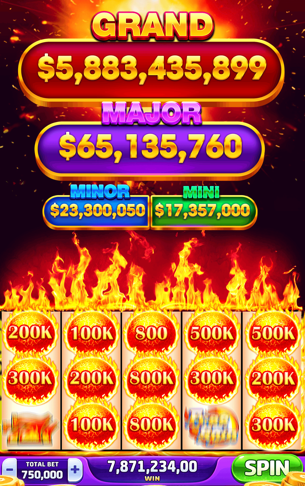 Double Hit Casino jackpots shown with dollar signs, Grand $5,883,435,899, Major $65,135,760, Minor $23,300,050 and Mini $17,357,000, above flaming reels of fireball coins marked 100K to 800K and a total bet of 750,000