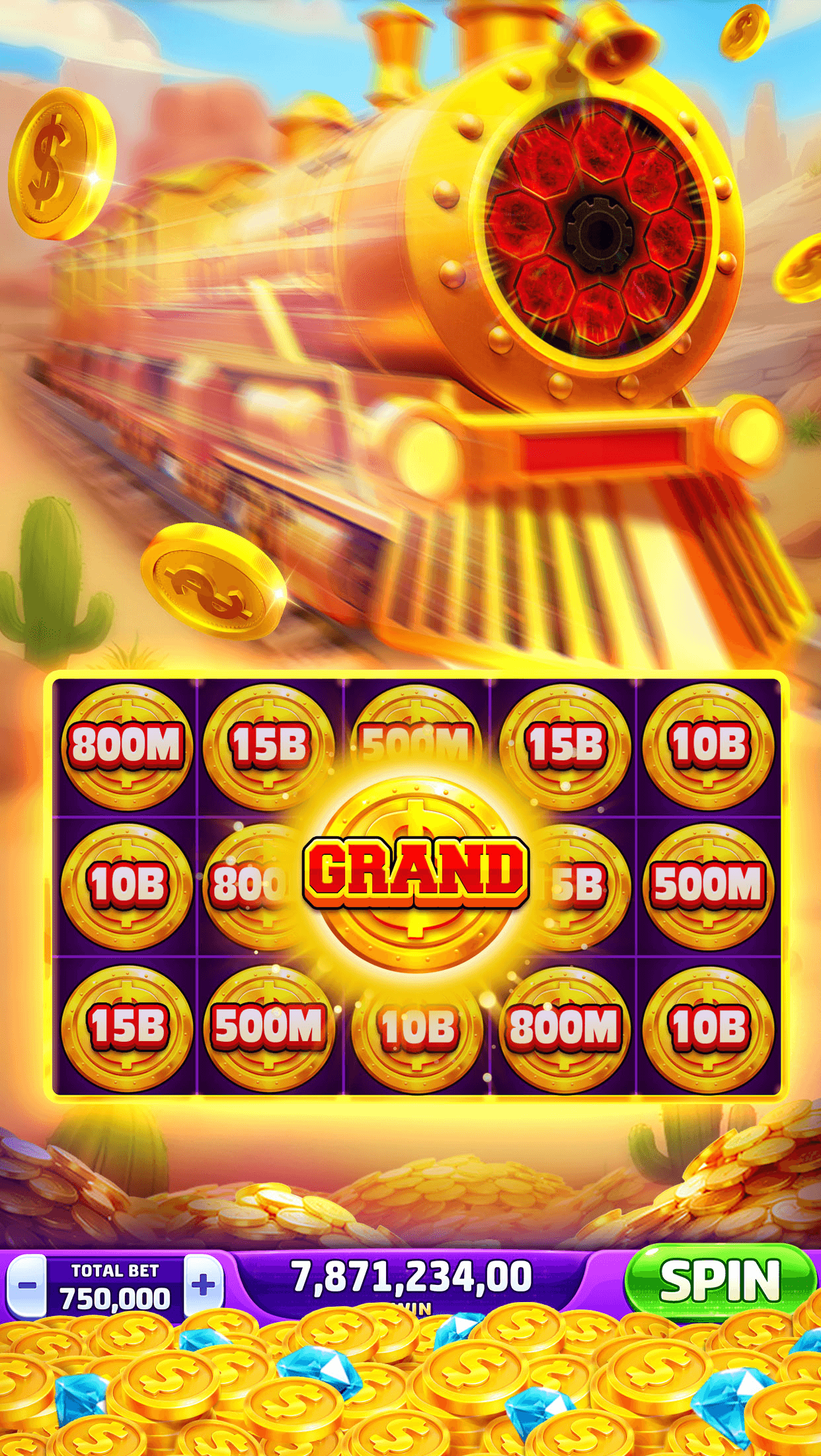 A Double Hit Casino bonus grid of held coin values from 500M to 15B with a Grand marker in the middle