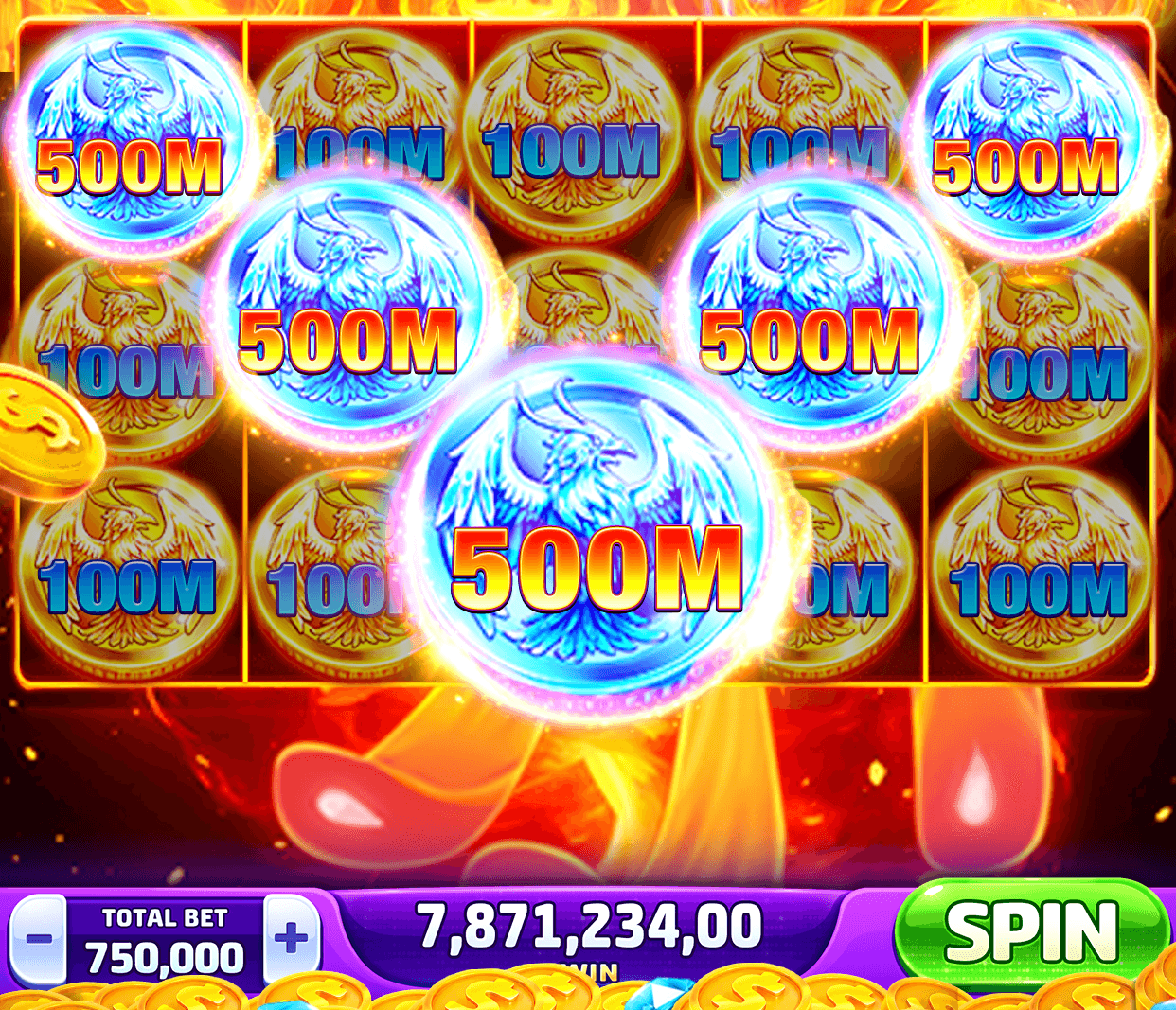A phoenix-themed Double Hit Casino slot, reels of glowing coins marked 100M and 500M, with a total bet of 750,000 between minus and plus buttons and the Spin button along the bottom