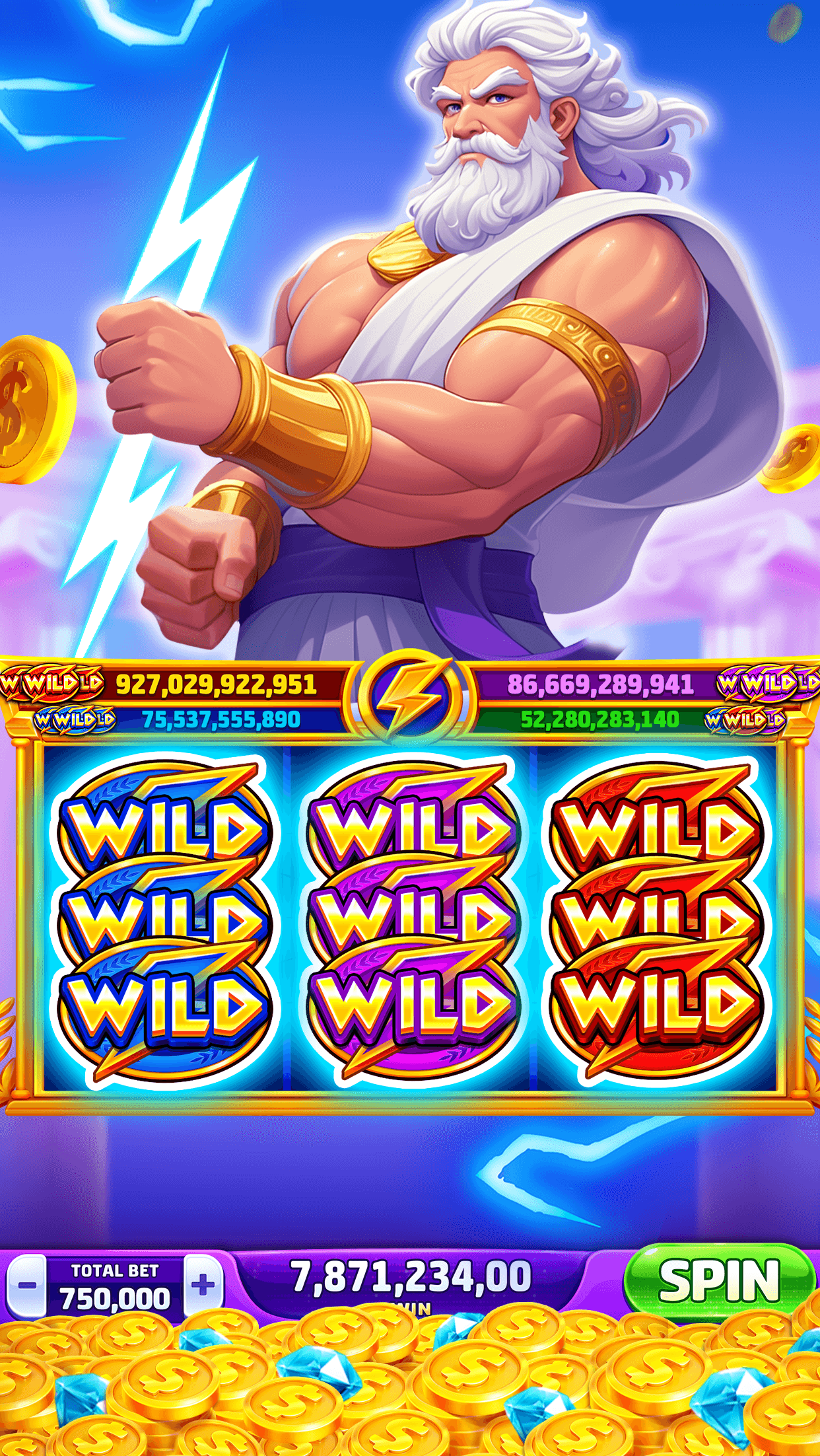 A Zeus-themed Double Hit Casino machine with wild symbols across the reels and four jackpot totals above them
