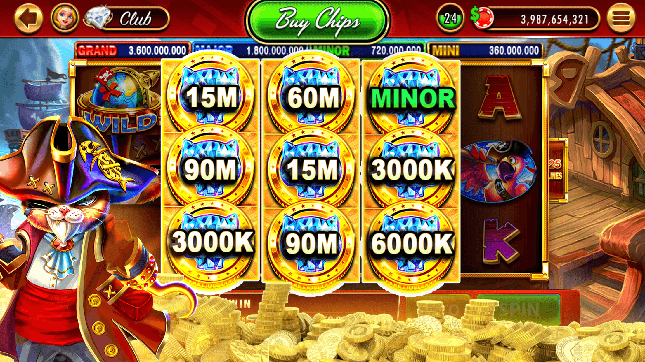 A pirate-themed DoubleDown Casino slot with coins locked on the reels, each showing a chip value, and GRAND, MAJOR, MINOR and MINI jackpots across the top
