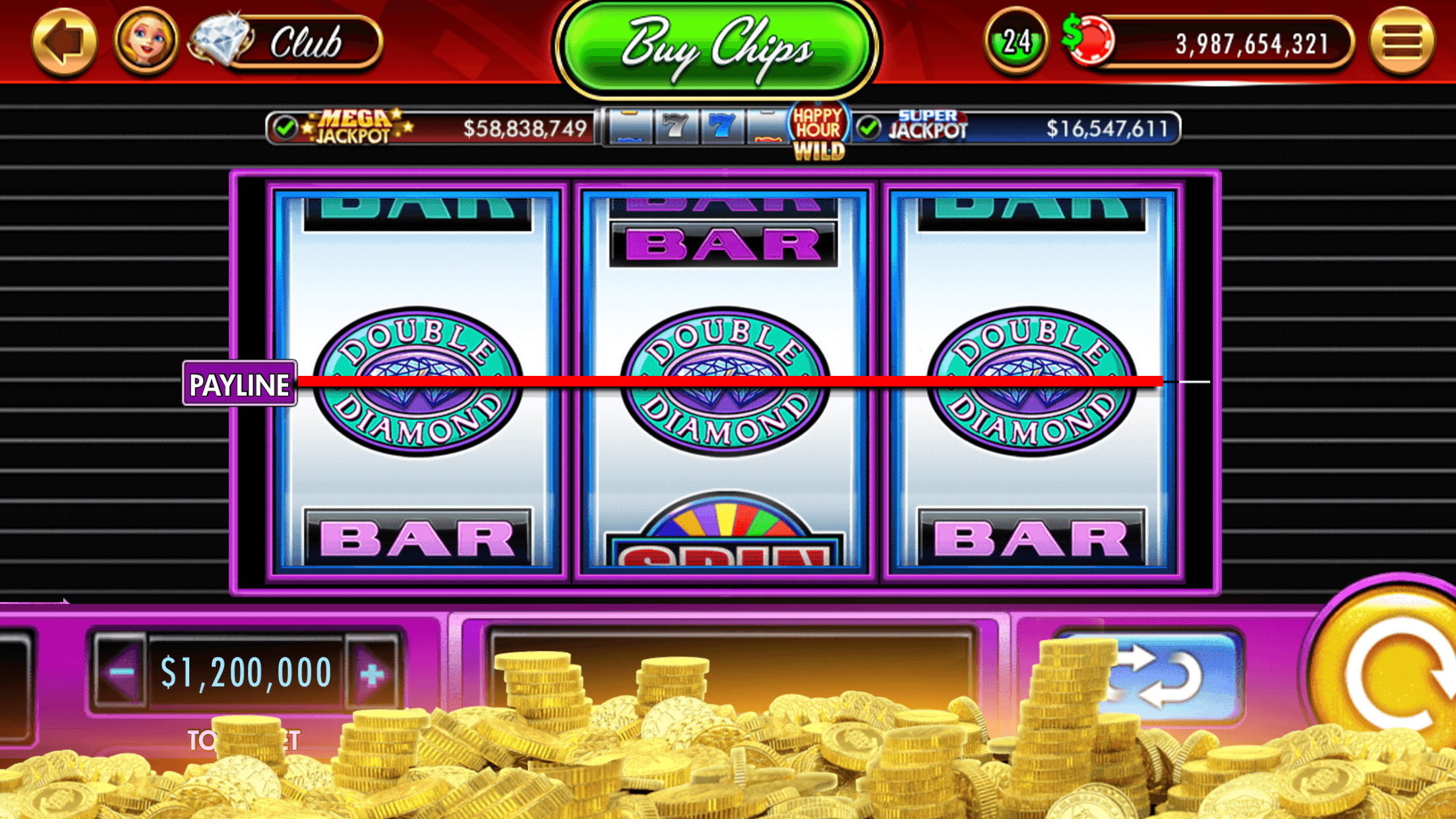 A Double Diamond three-reel slot in DoubleDown Casino with the payline highlighted and the total bet set to 1,200,000 chips