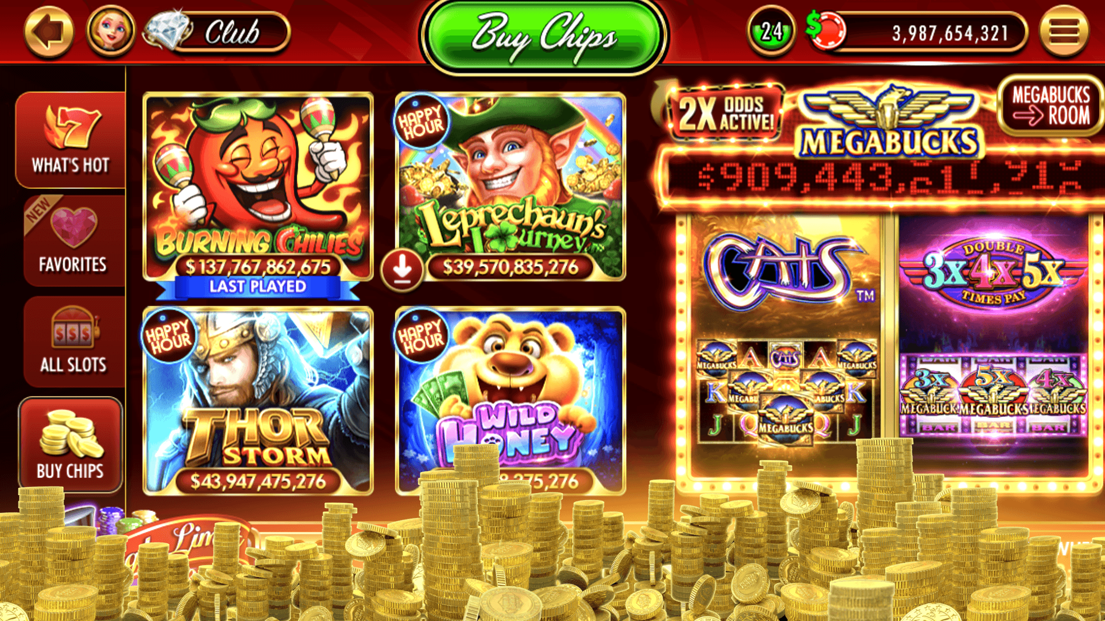 The DoubleDown Casino lobby on the What's Hot tab, showing slot tiles with running jackpot totals and the Megabucks Room entrance