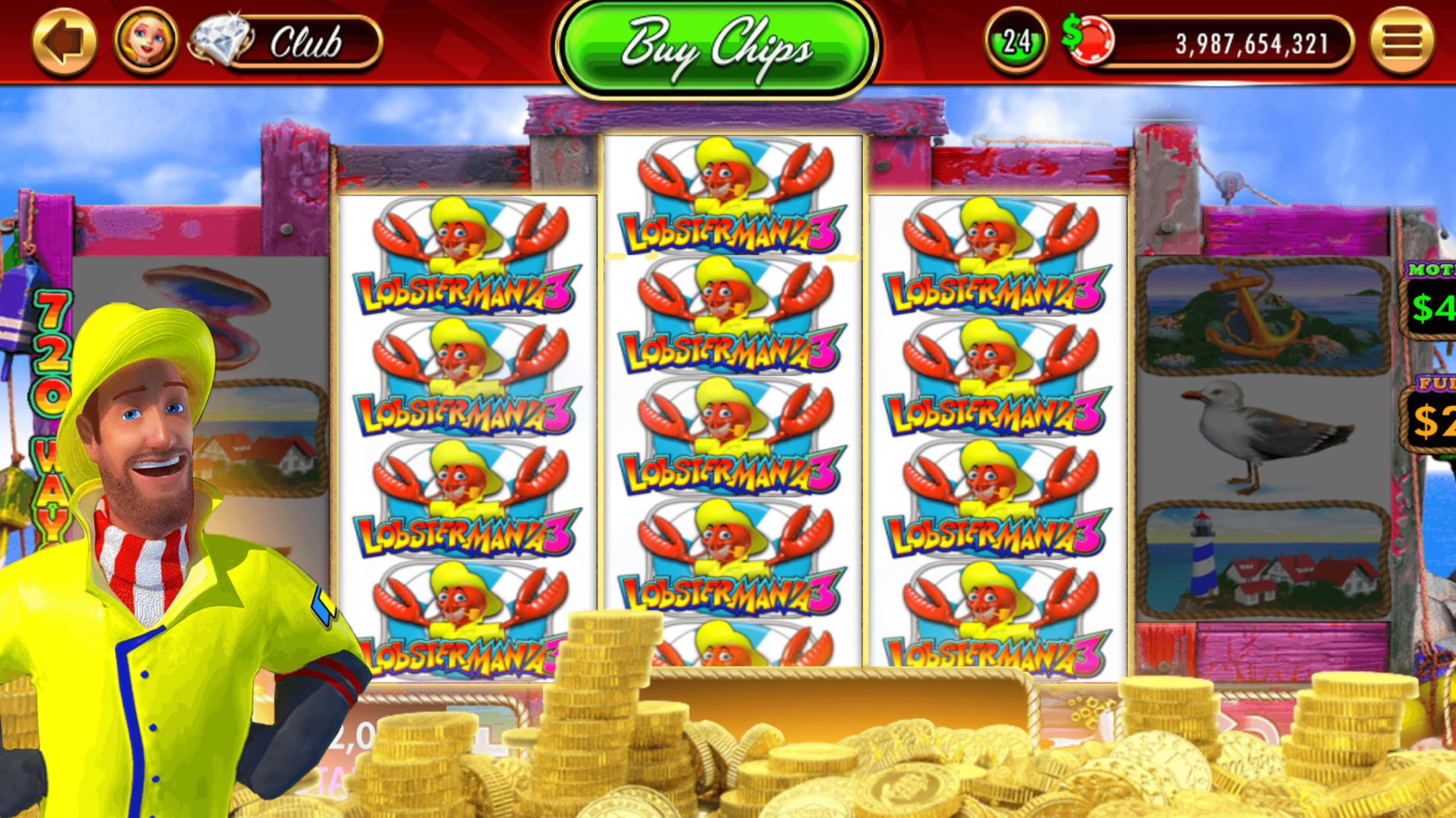 A Lobstermania 3 spin in DoubleDown Casino, with matching Lobstermania symbols filling three reels