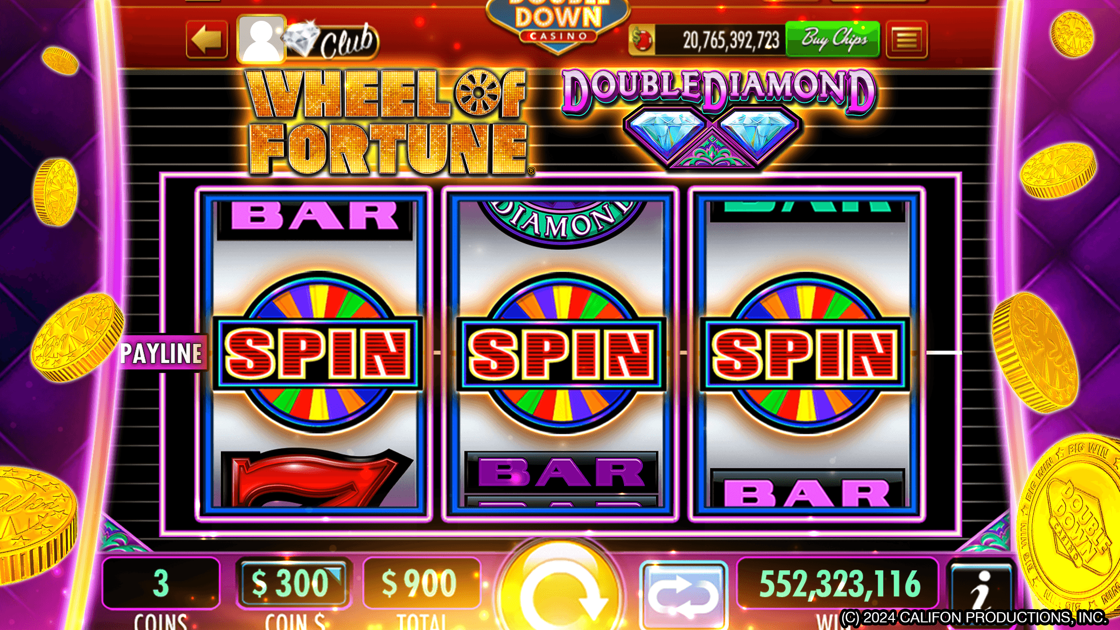The Wheel of Fortune Double Diamond slot in DoubleDown Casino, three SPIN symbols on the payline, with the chip balance at the top and the bet and win along the bottom