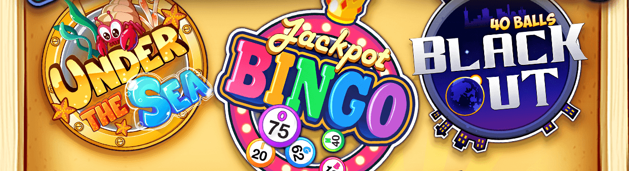 Badges for three DoubleU Bingo Featured Rooms on a wooden board: Under the Sea with a hermit crab, Jackpot Bingo with a crown and bingo balls, and 40 Balls Black Out with a night-time city skyline