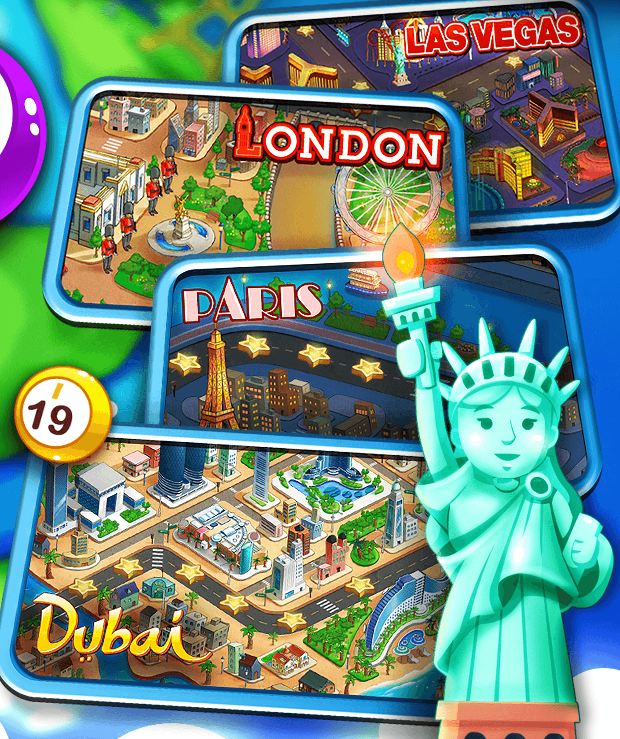 World Tour destinations from the DoubleU Bingo store art, city boards for Las Vegas, London, Paris and Dubai stacked beside a Statue of Liberty figure, with a bingo ball marked 19 on the left