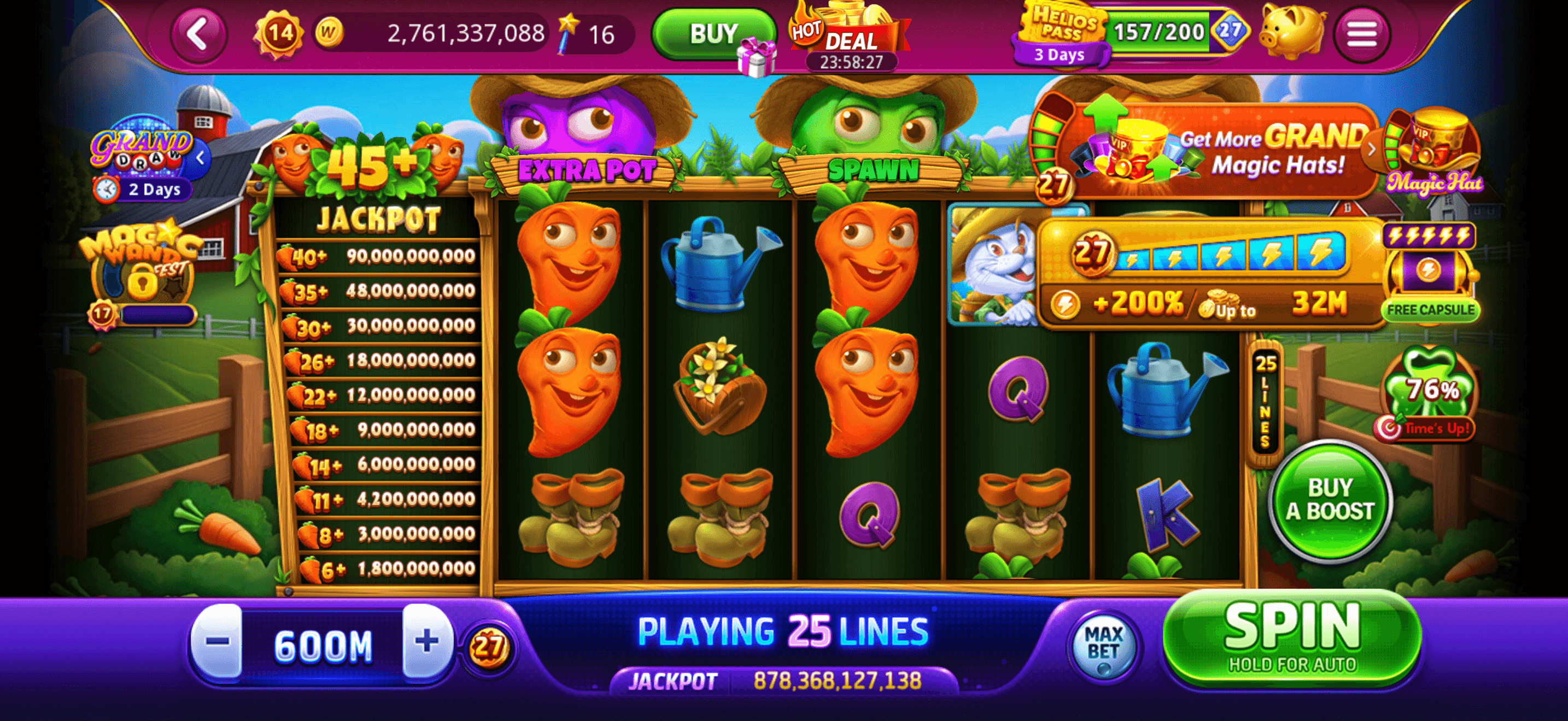 A DoubleU Casino slot with a jackpot ladder beside the reels, playing 25 lines at a 600M bet