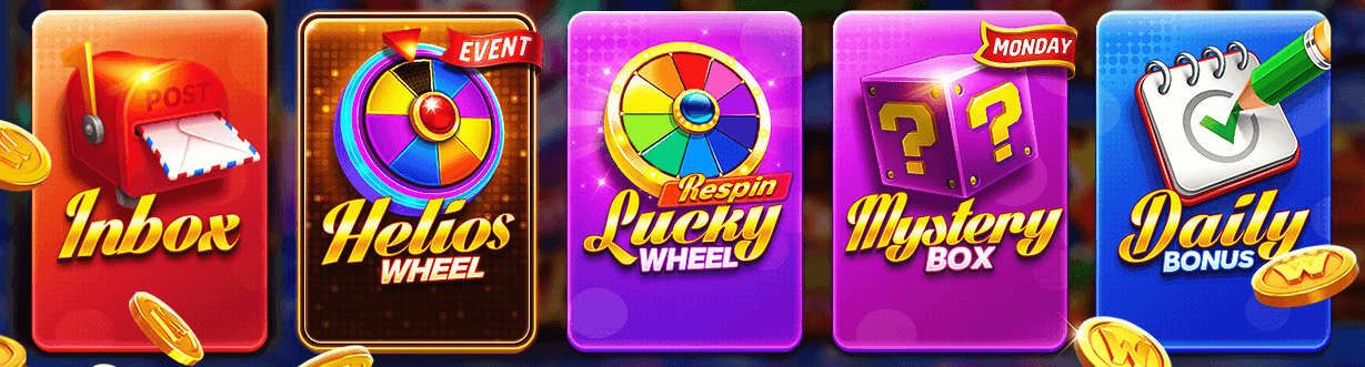 Five free-chip features from the DoubleU Casino store art on coloured cards: Inbox, the Helios Wheel tagged Event, the Lucky Wheel with a Respin tag, the Mystery Box tagged Monday, and the Daily Bonus