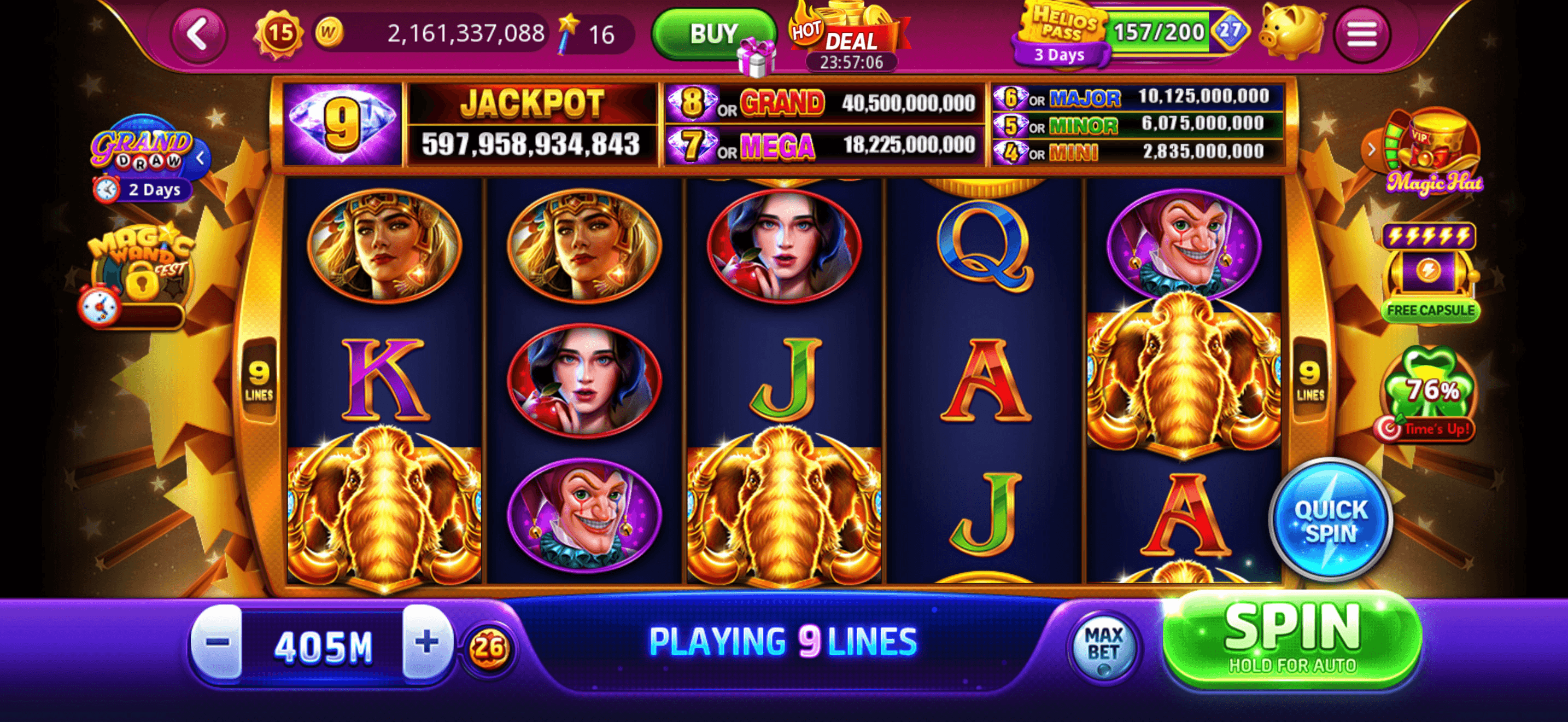 A DoubleU Casino slot with golden mammoth, character and card symbols on the reels under a jackpot ladder, 9 diamonds for the Jackpot of 597,958,934,843 and then Grand, Mega, Major, Minor and Mini down to 2,835,000,000, with the chip balance of 2,161,337,088 at the top and a bet of 405M at the bottom